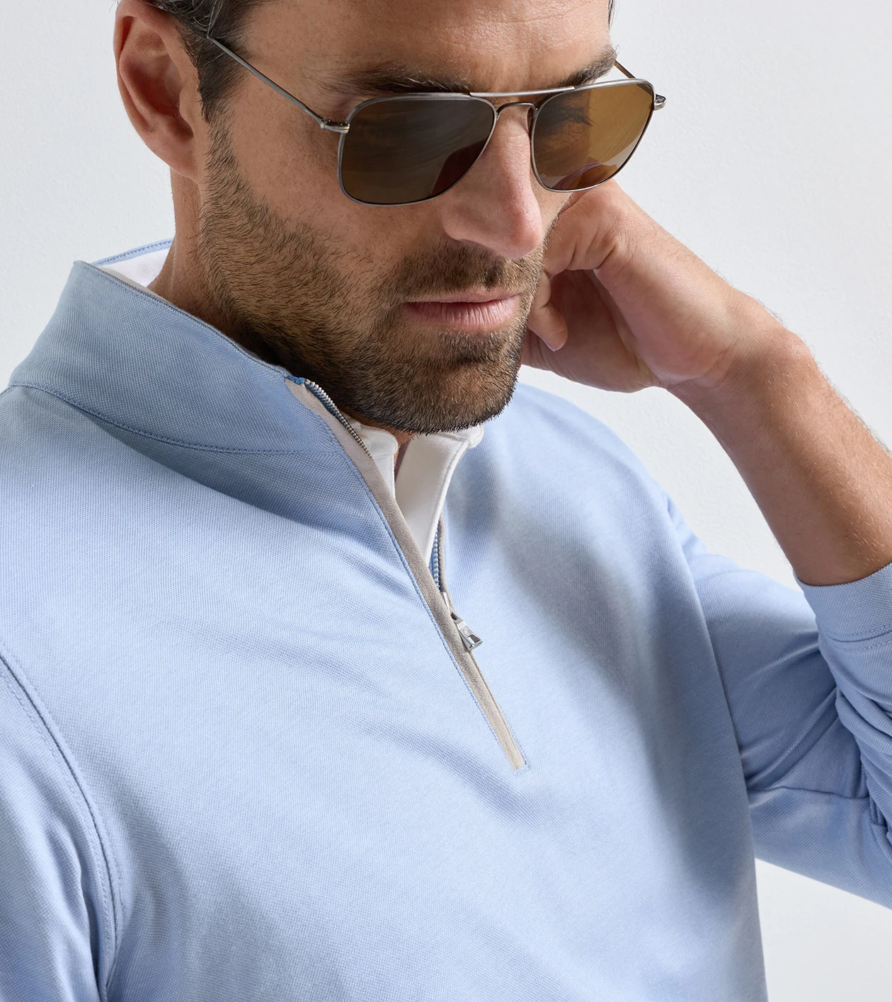 Albatross Cotton-Blend Piqu&eacute; Quarter-Zip in Dusk Blue - Alternate Image 3