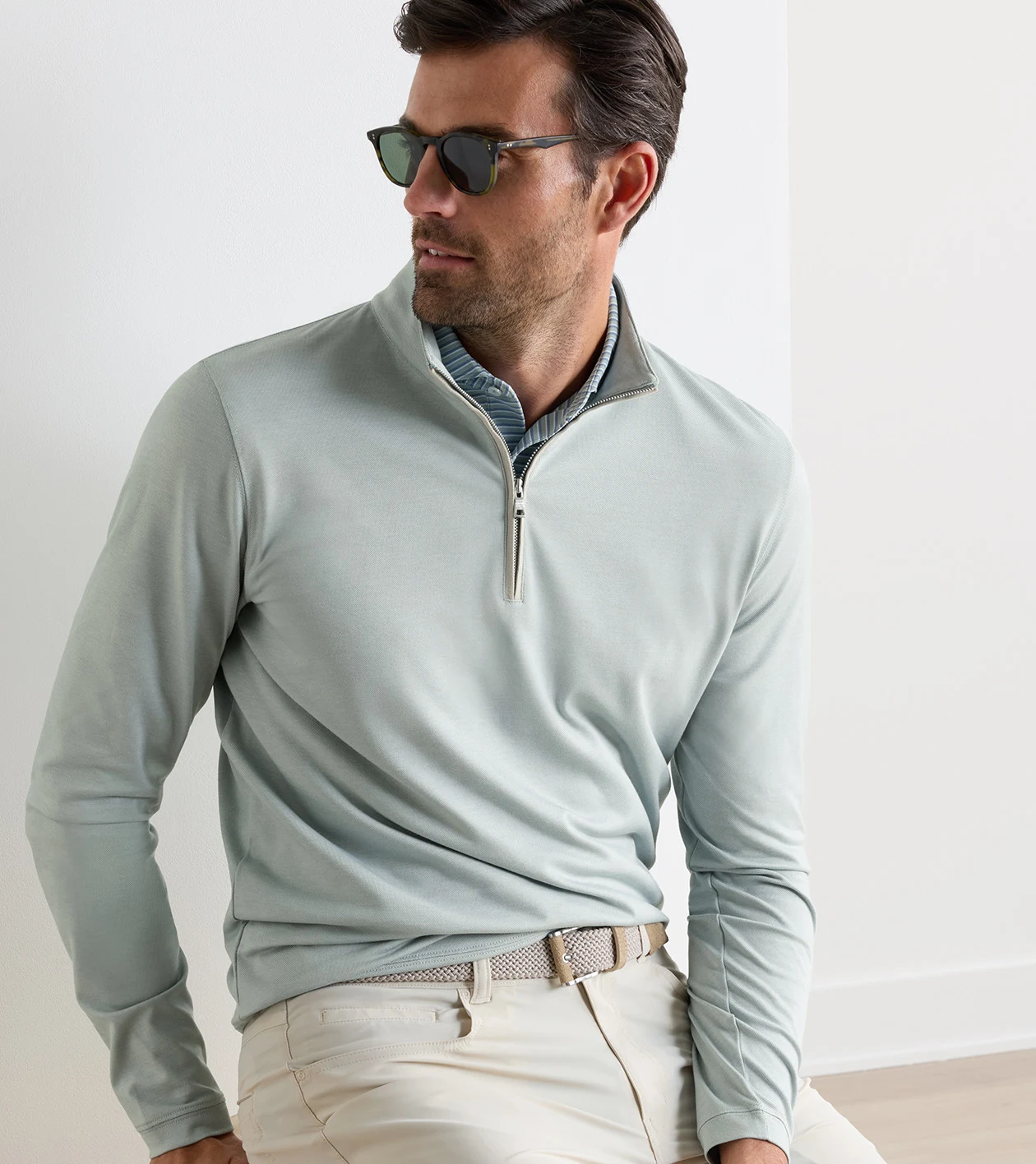 Albatross Cotton-Blend Piqu&eacute; Quarter-Zip in LIGHT WILLOW - Alternate Image 1