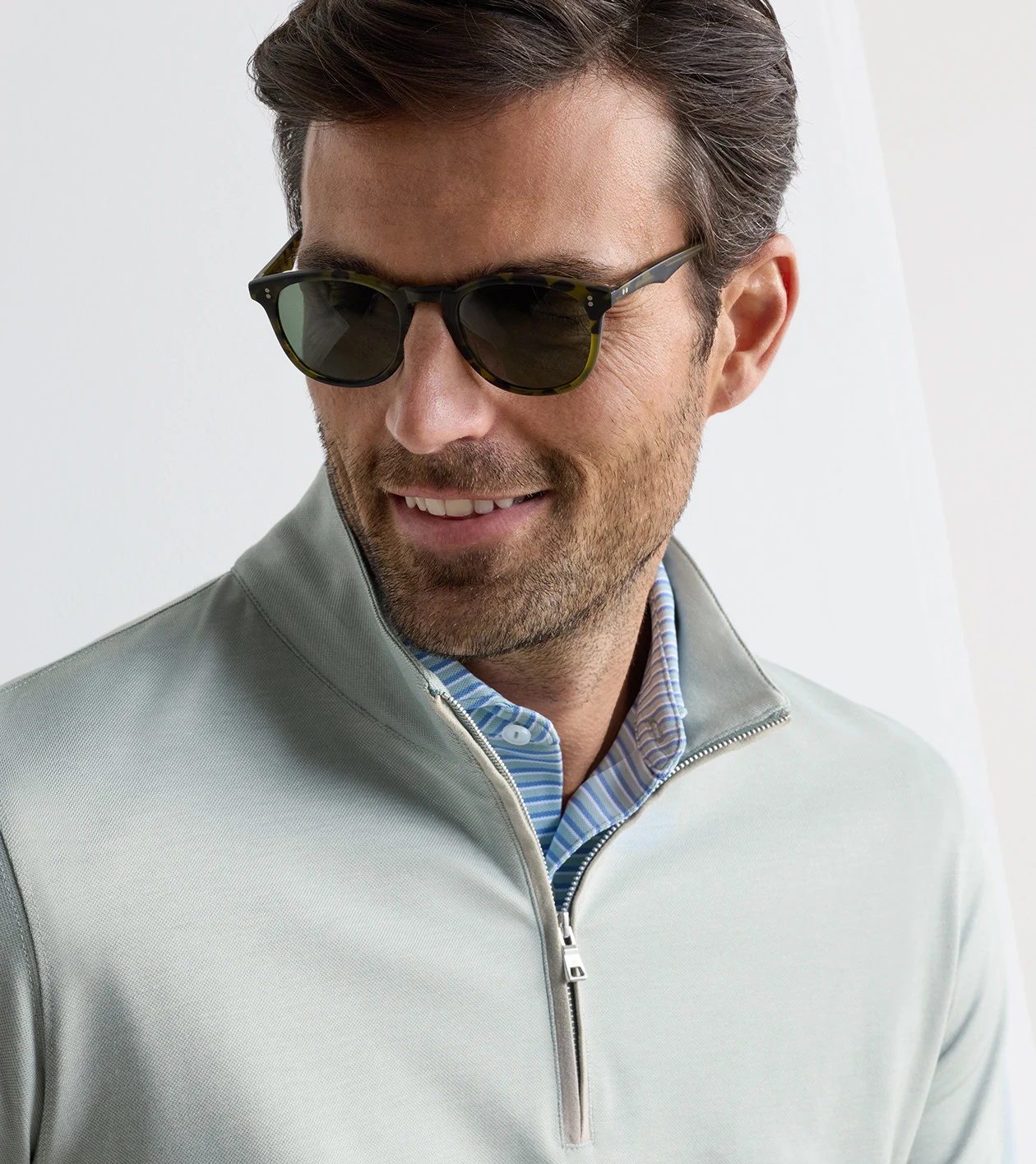 Albatross Cotton-Blend Piqu&eacute; Quarter-Zip in LIGHT WILLOW - Alternate Image 3