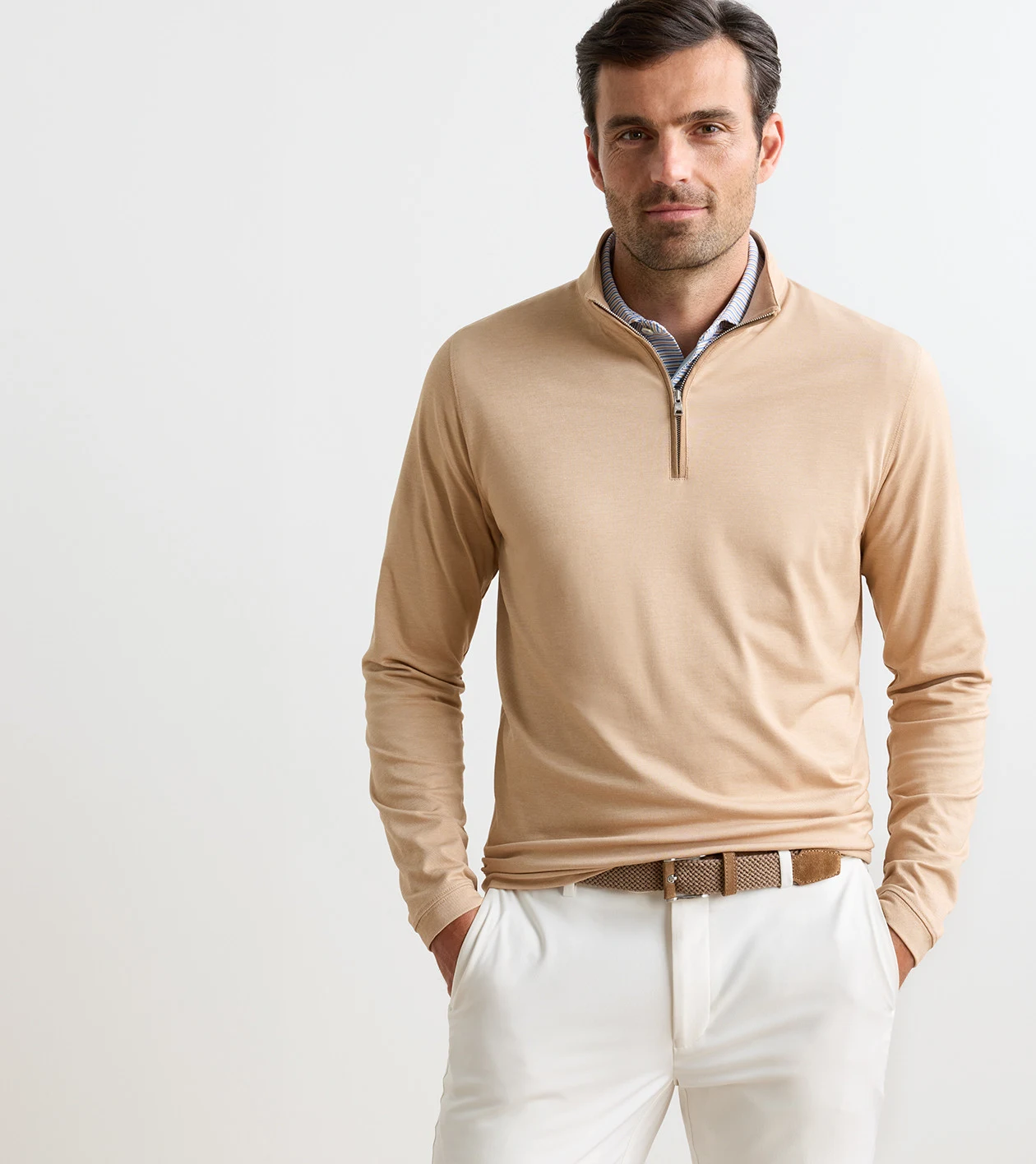 Albatross Cotton-Blend Piqu&eacute; Quarter-Zip in SUMMER DUNES - Alternate Image 1