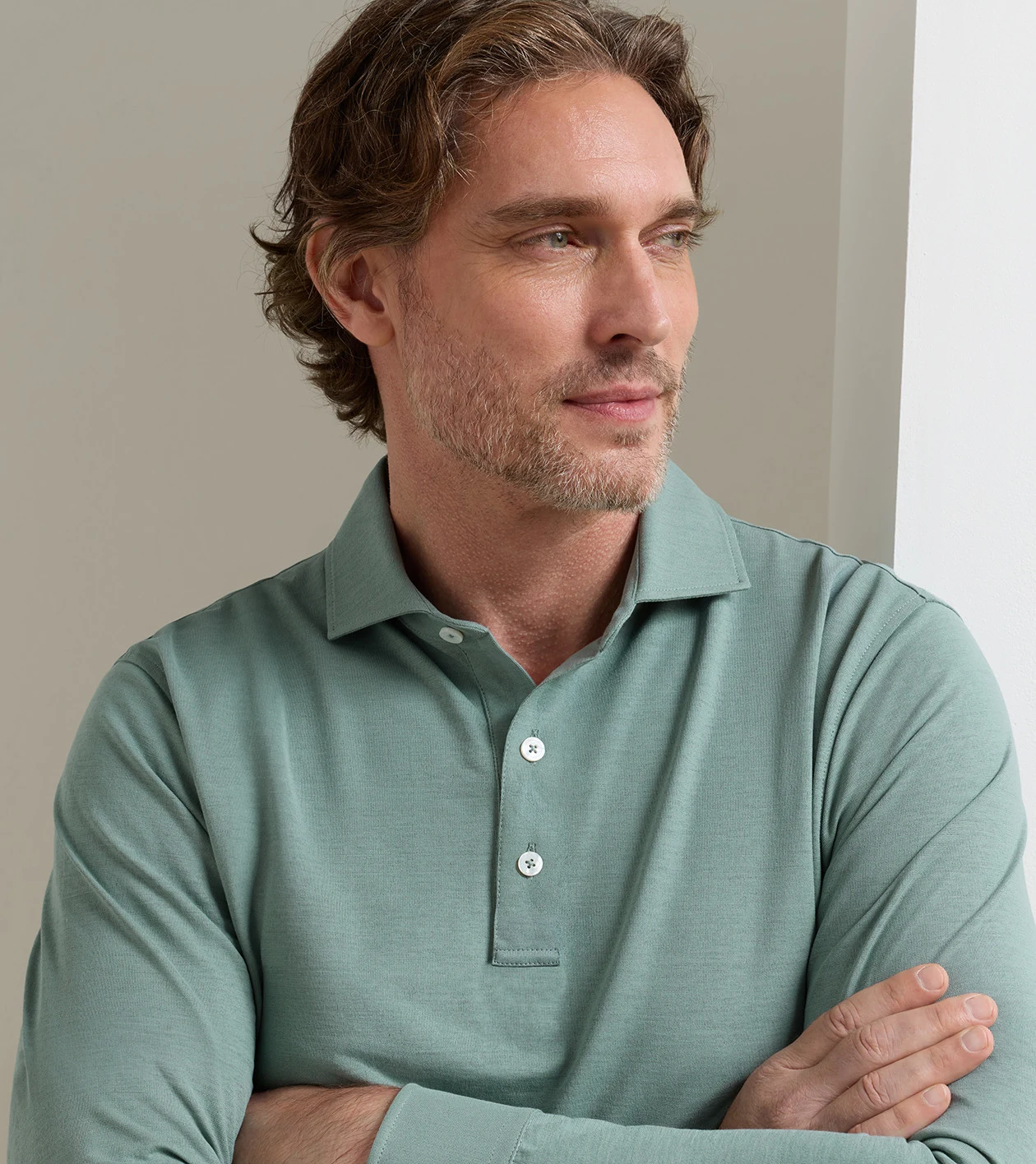 Cool Cotton Long-Sleeve Polo in Willow - Alternate Image 3