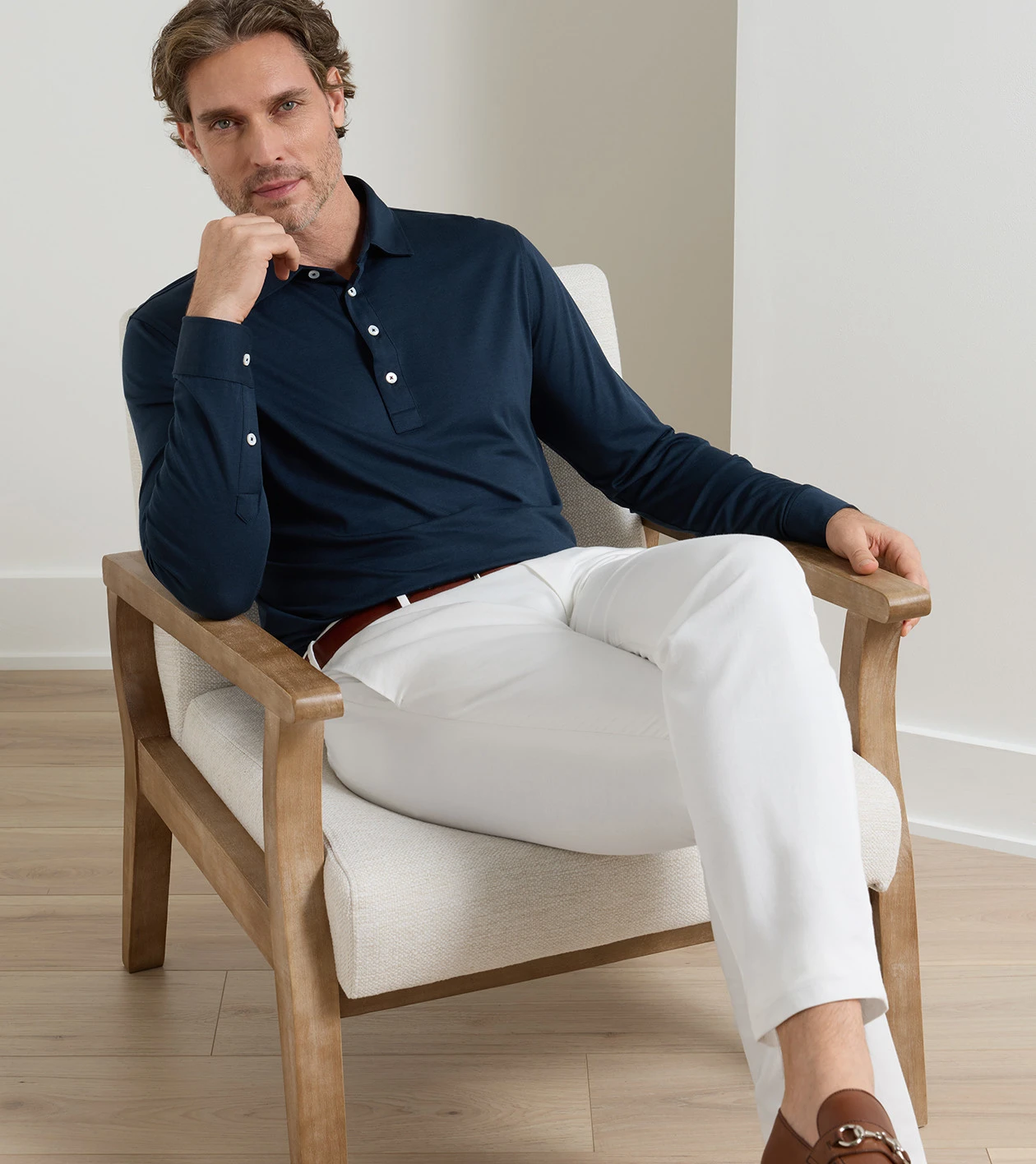 Ashby Silk Cotton Long-Sleeve Polo in Navy - Alternate Image 1