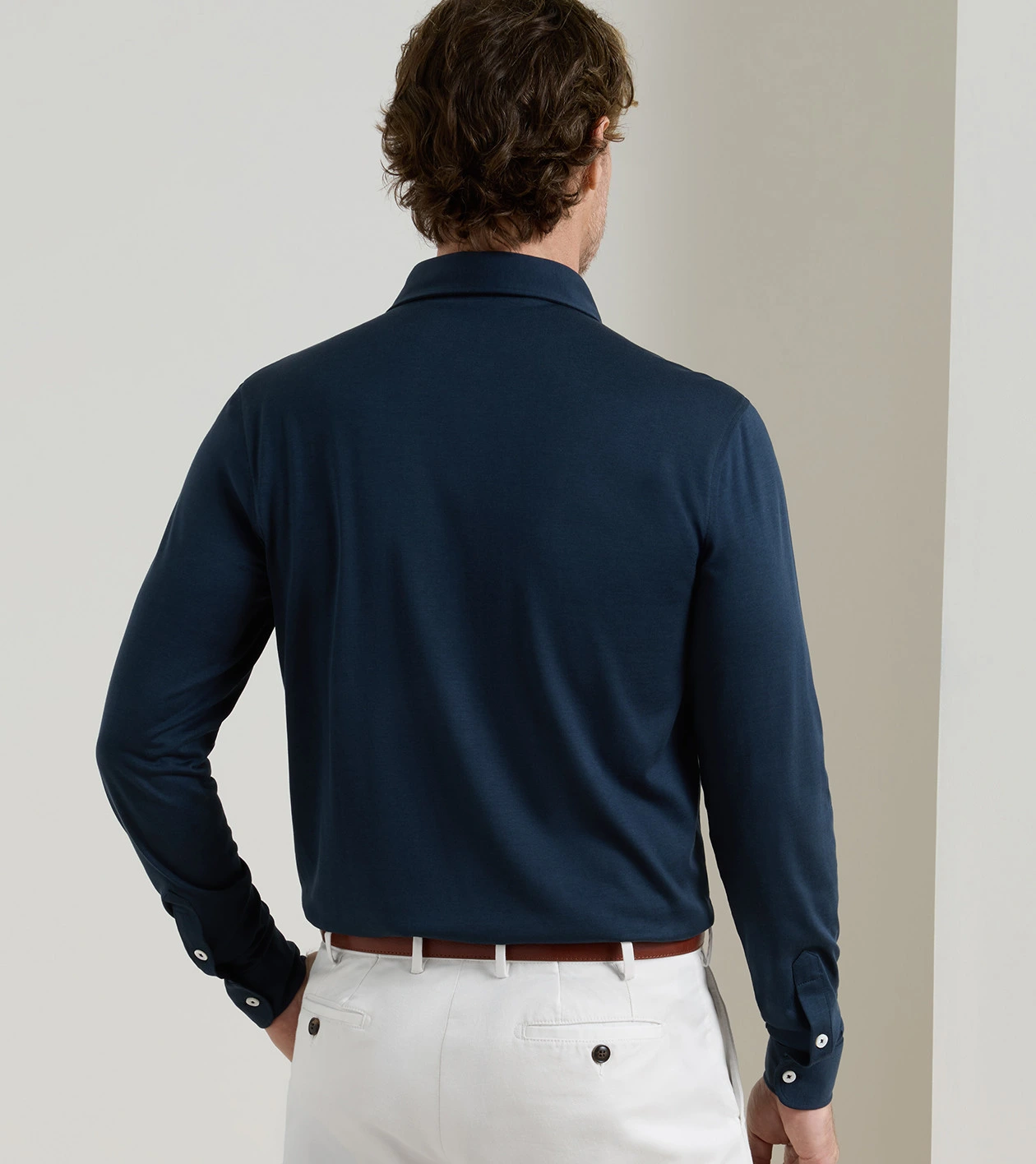 Ashby Silk Cotton Long-Sleeve Polo in Navy - Alternate Image 2