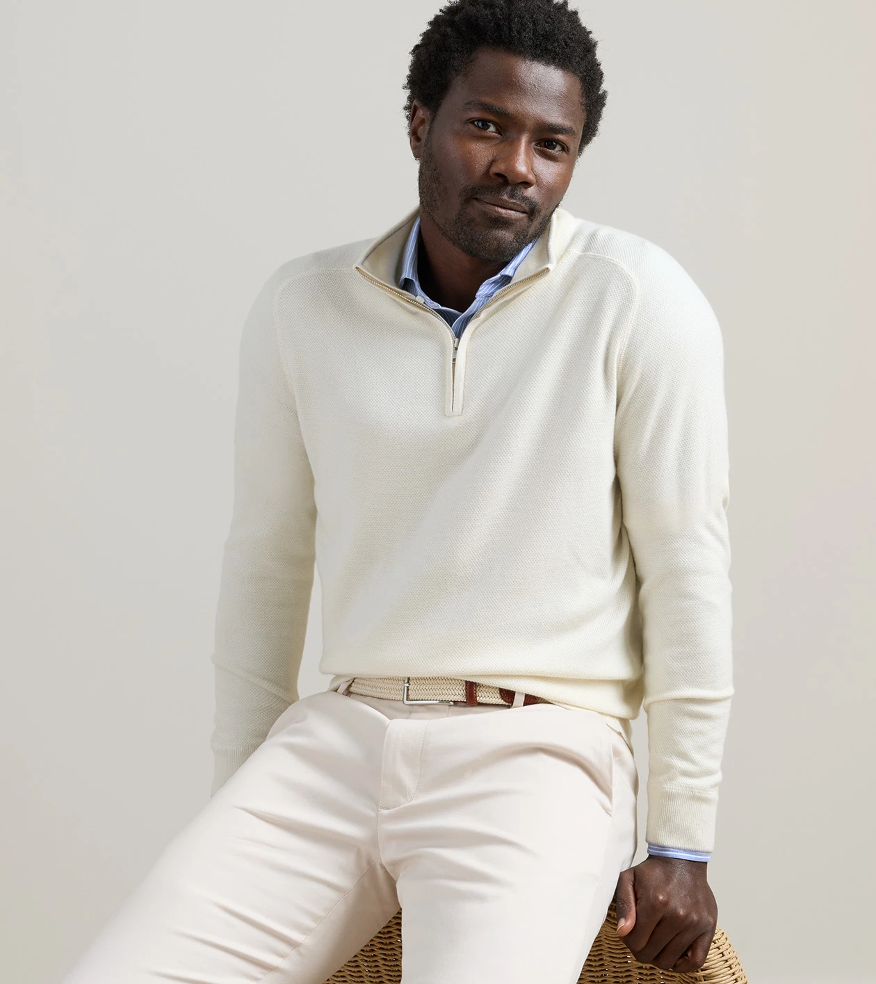 Voyager Cashmere-Silk Saddle Shoulder Quarter Zip in Almond - Alternate Image 1
