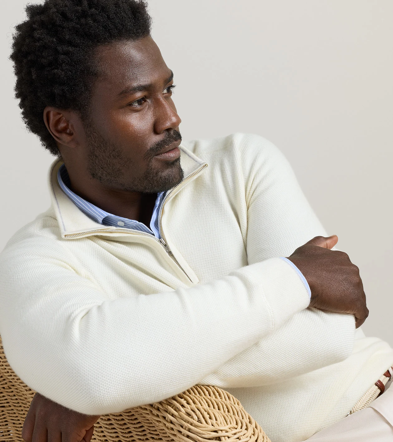 Voyager Cashmere-Silk Saddle Shoulder Quarter Zip in Almond - Alternate Image 3