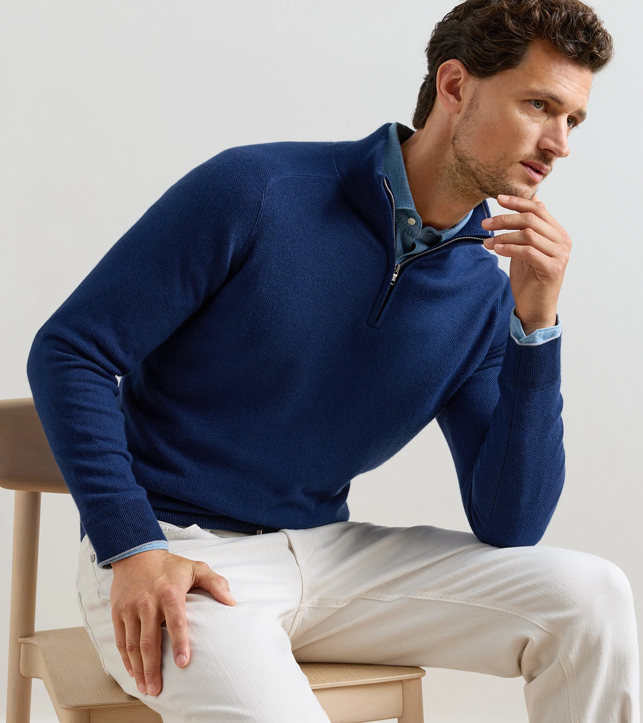 Voyager Cashmere-Silk Saddle Shoulder Quarter Zip in ATLANTIC NAVY - Alternate Image 1