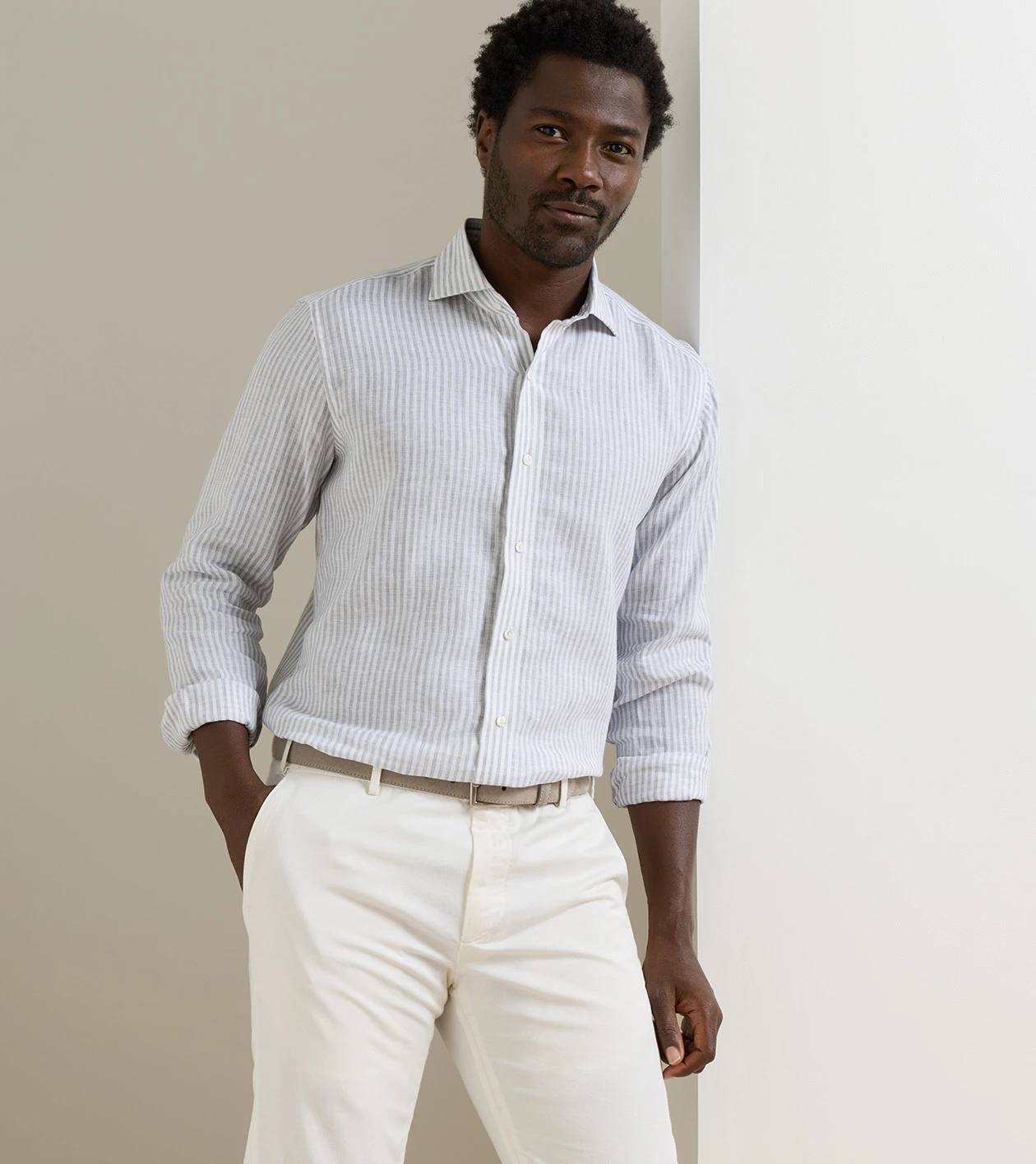 Astino Lino Stripe Sport Shirt in British Grey - Alternate Image 1
