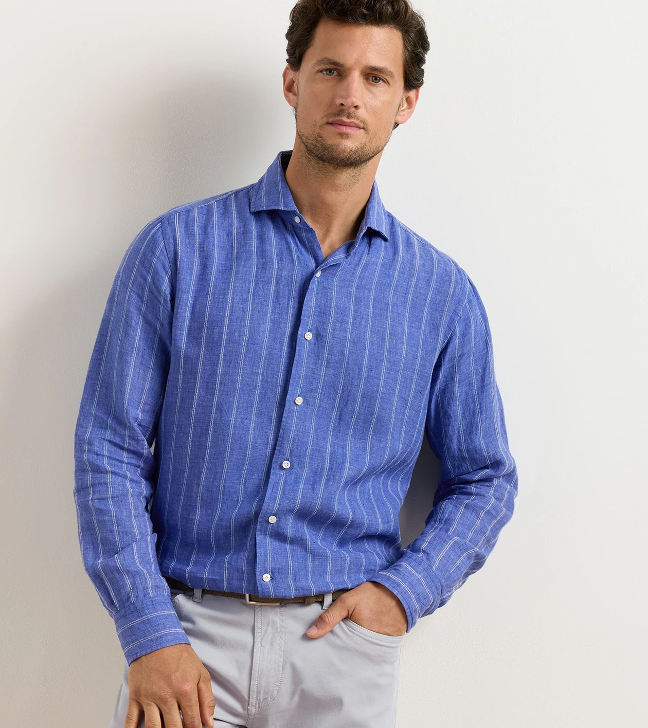 Astino Lino Pencil Stripe Sport Shirt in Dusk Blue - Alternate Image 1