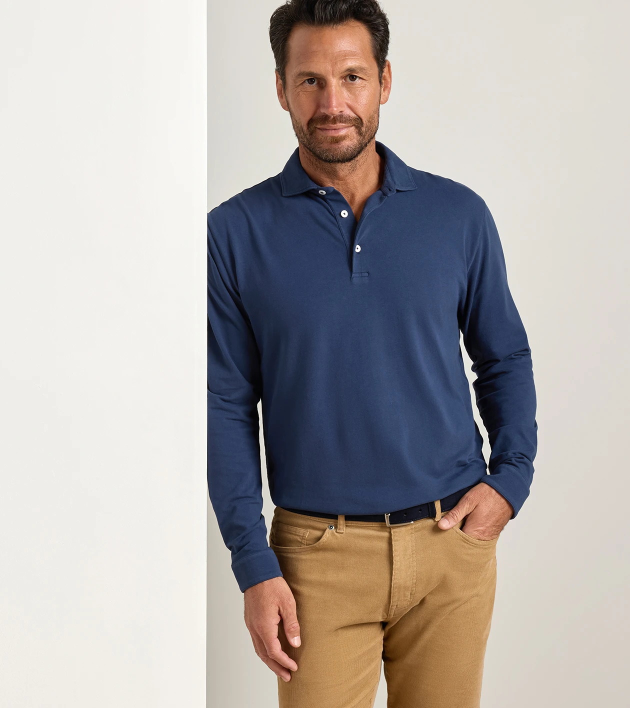 Crown Flex Cotton Long-Sleeve Polo in ATLANTIC NAVY - Alternate Image 1