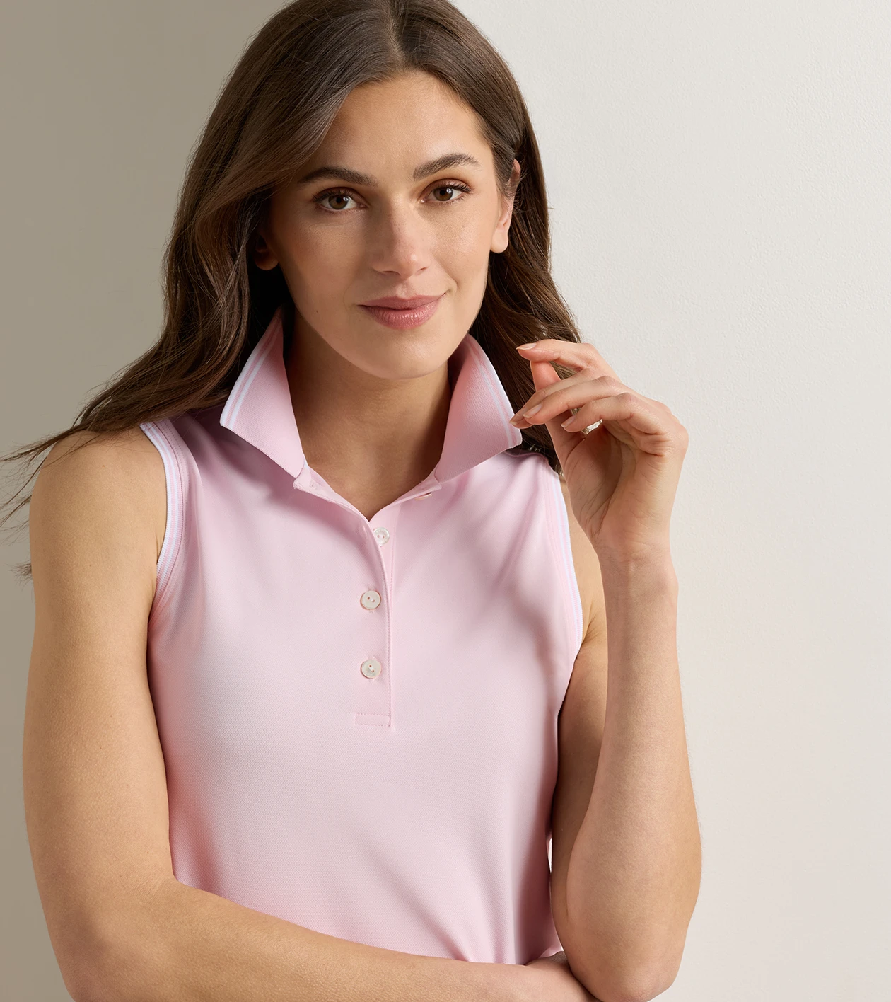 Canterbury Tipped Sport Mesh Sleeveless Polo in PEARL PINK/WHITE - Alternate Image 4