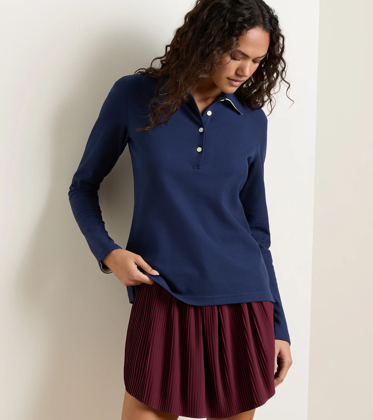 Coolspun Lite Cotton Piqu&eacute; Long Sleeve Polo in NAVY / SOFT WHITE - Alternate Image 3
