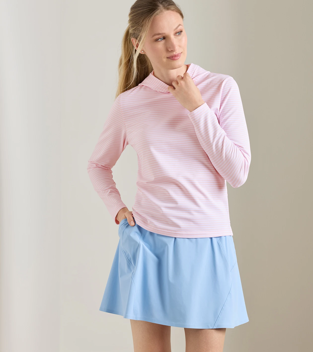 Pine Harbour Stripe Performance Hoodie in PEARL PINK - Alternate Image 1