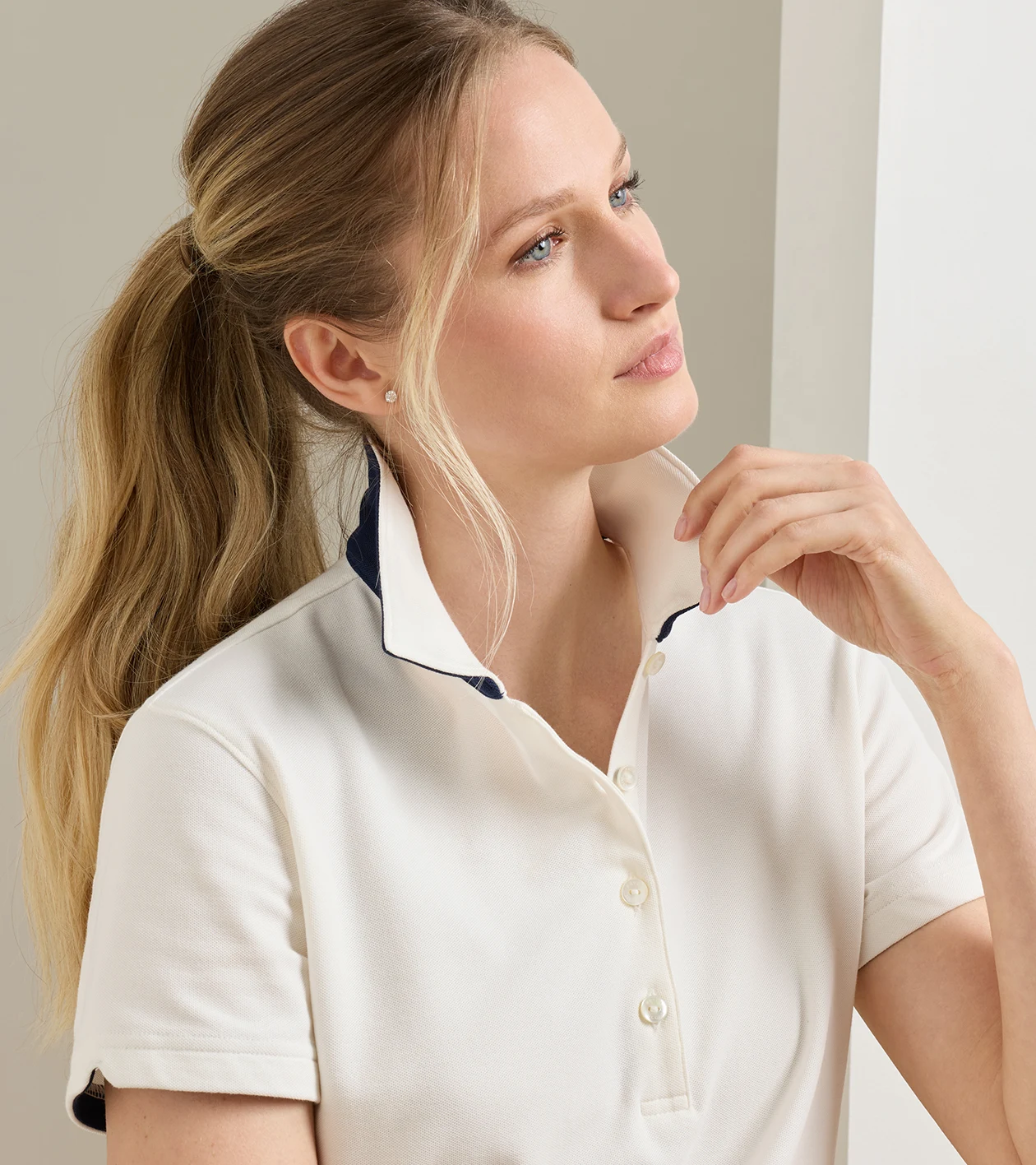 Coolspun Lite Cotton Piqu&eacute; Polo in SOFT WHITE / NAVY - Alternate Image 3