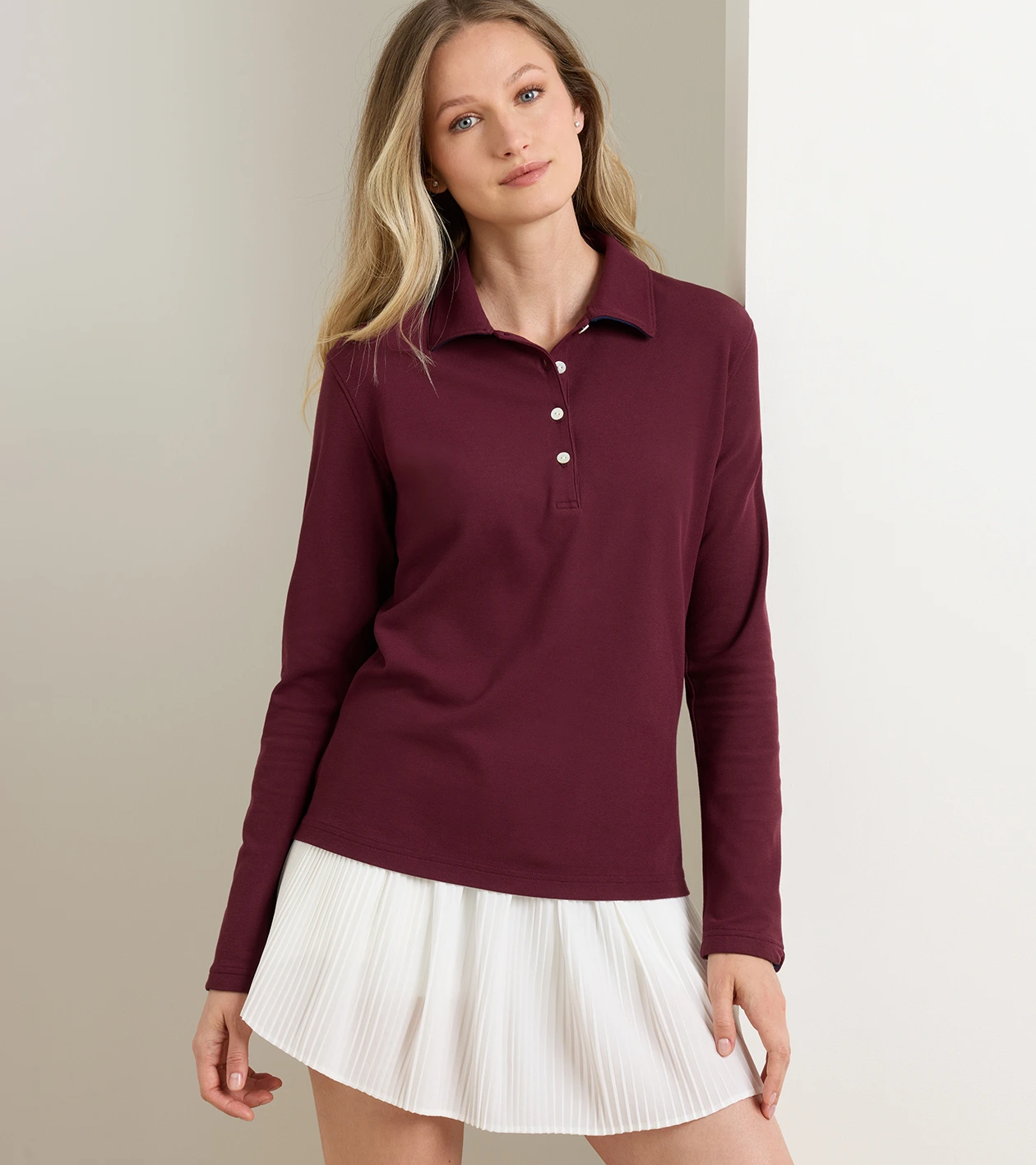 Coolspun Lite Cotton Piqu&eacute; Long Sleeve Polo in OXBLOOD / NAVY - Alternate Image 1