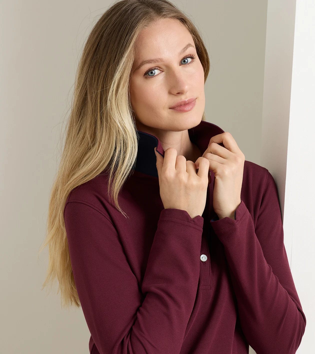 Coolspun Lite Cotton Piqu&eacute; Long Sleeve Polo in OXBLOOD / NAVY - Alternate Image 3