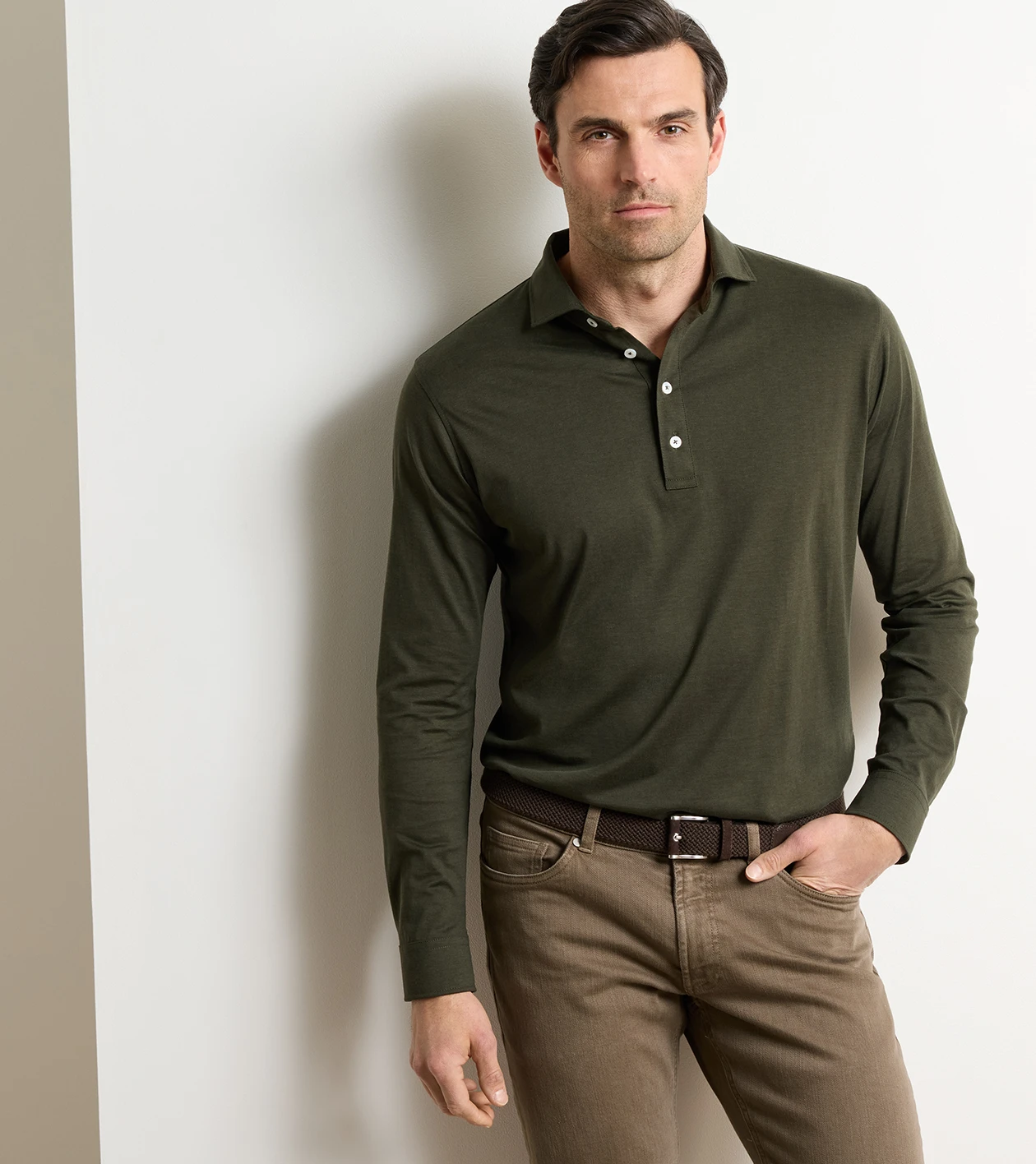 Ashby Silk Cotton Longsleeve Polo in Dark Olive - Alternate Image 1