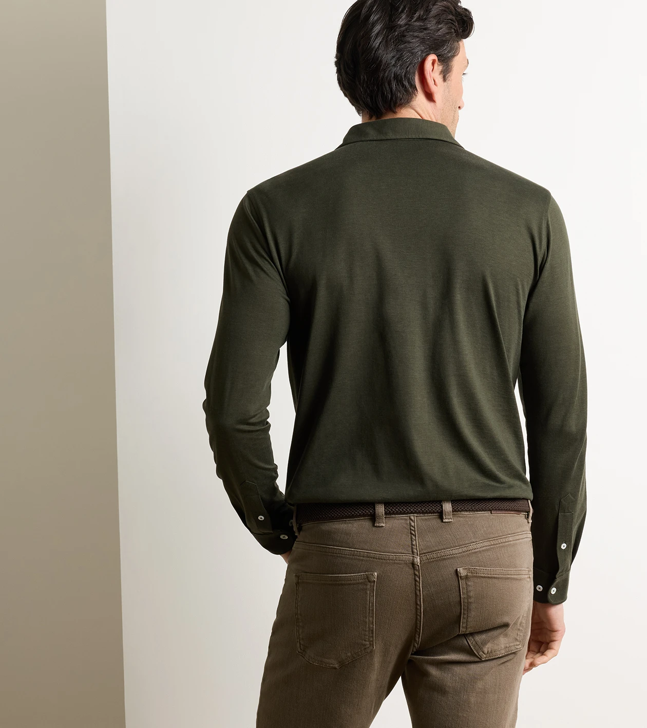 Ashby Silk Cotton Longsleeve Polo in Dark Olive - Alternate Image 2