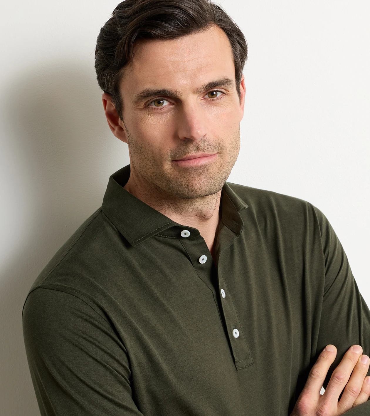 Ashby Silk Cotton Longsleeve Polo in Dark Olive - Alternate Image 3