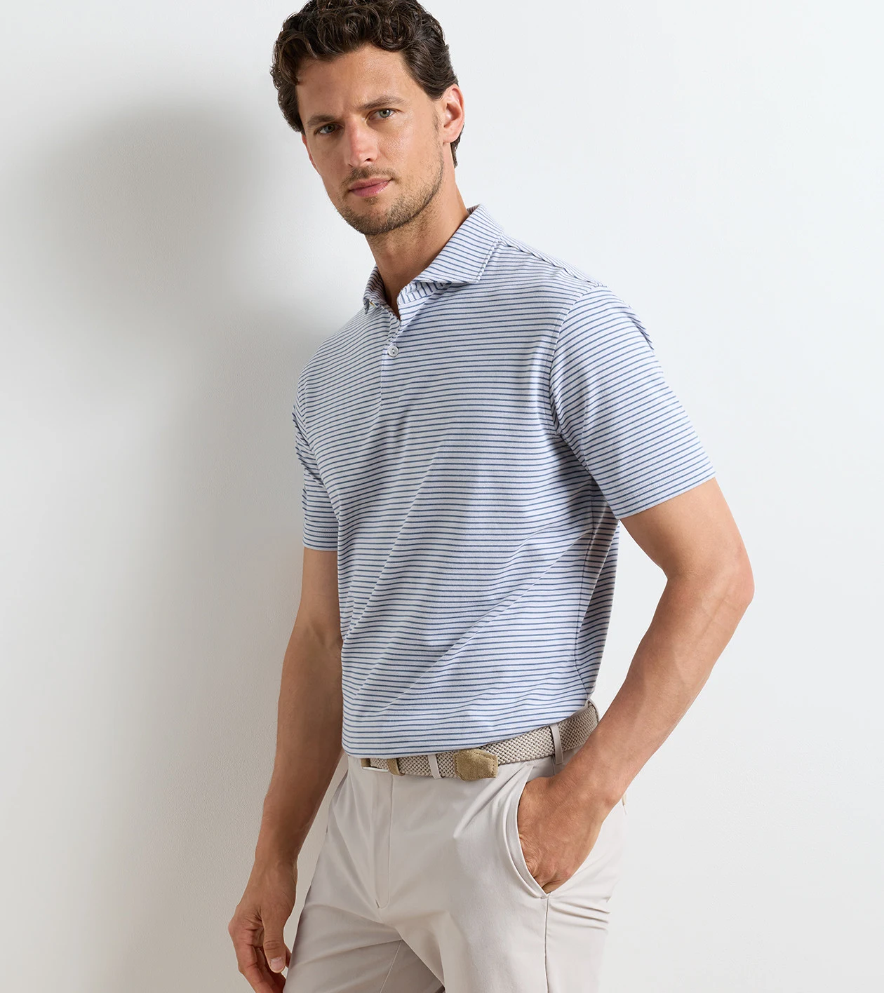 Albatross Stripe Cotton-Blend Piqu&eacute; Polo in Gale Grey - Alternate Image 1
