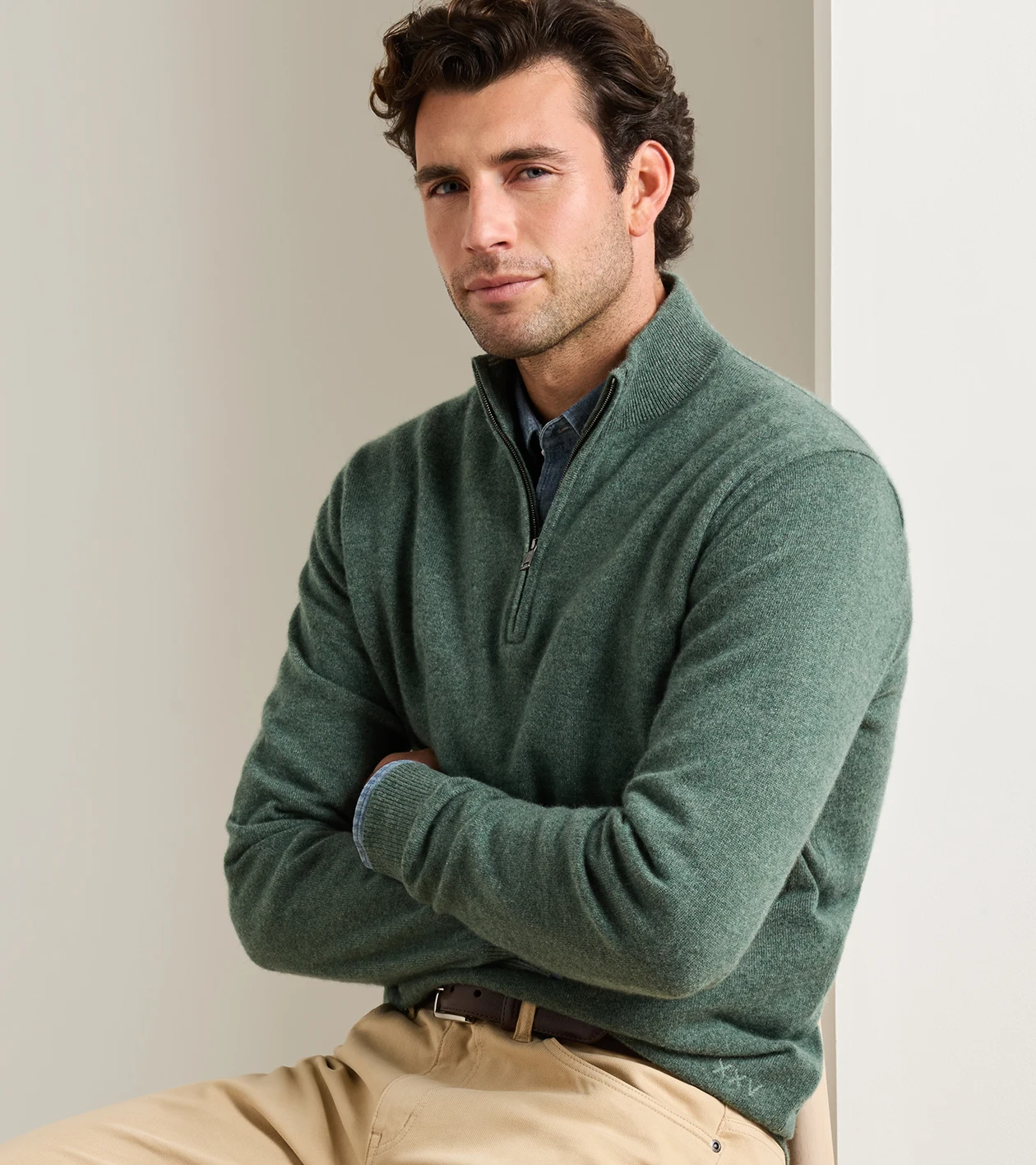 Crown Anniversary Cashmere Quarter Zip Sweater in IVY - Alternate Image 1