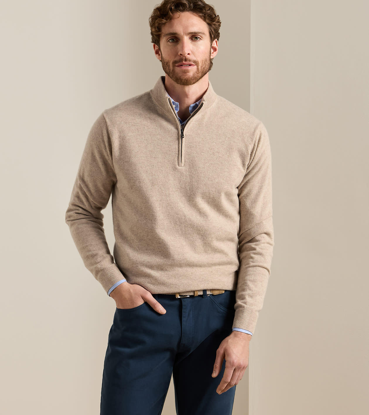 25th Anniversary Cashmere Quarter-Zip Jumper in TUMBLEWEED - Alternate Image 1