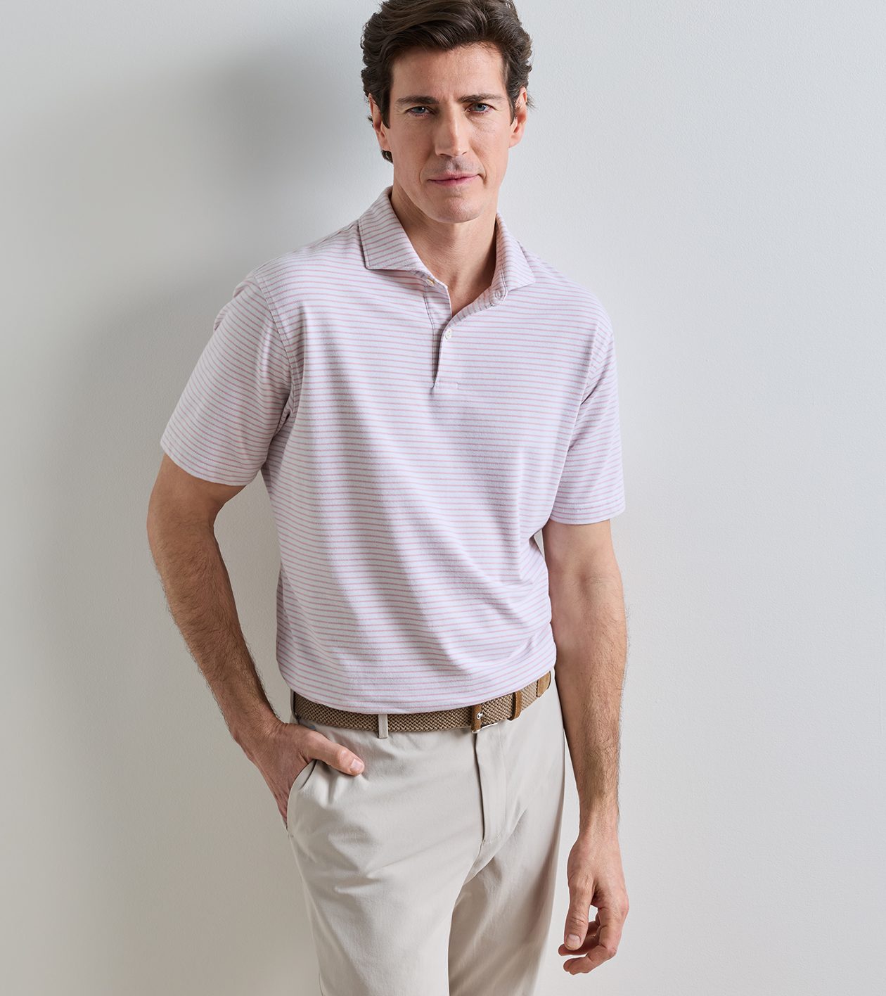 Albatross Stripe Cotton-Blend Piqu&eacute; Polo in GREY MIST - Alternate Image 1