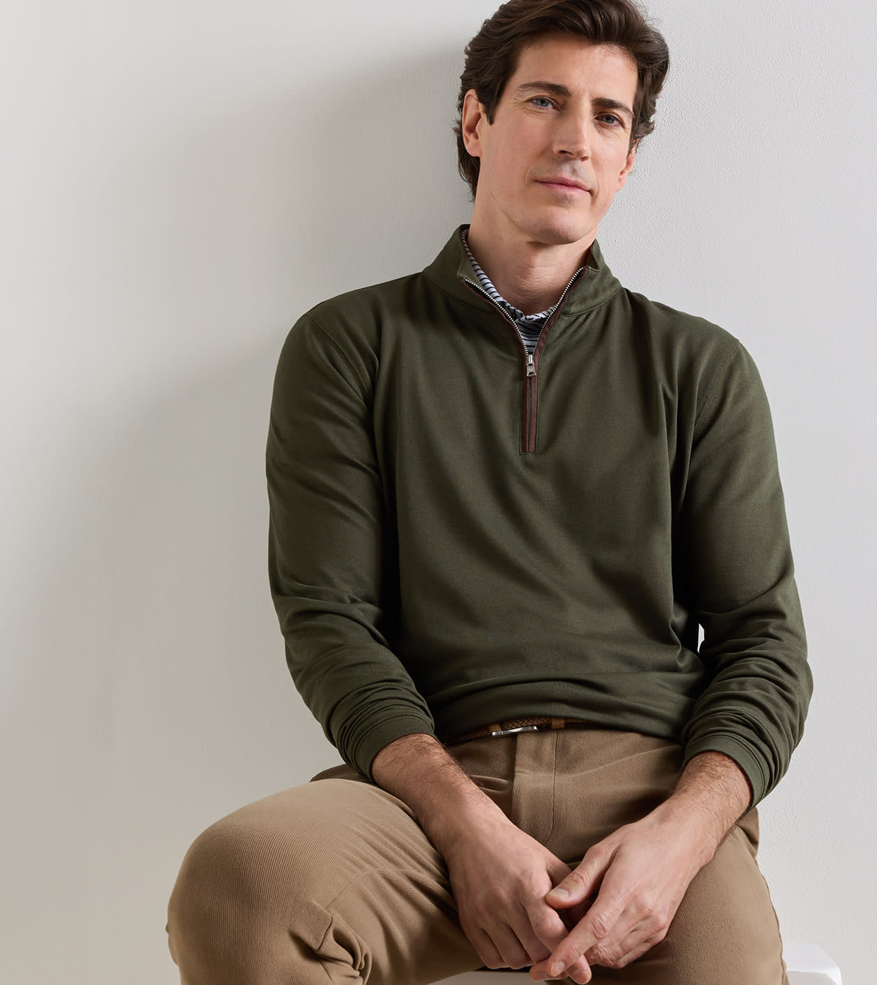 Albatross Cotton-Blend Piqu&eacute; Quarter-Zip in Dark Olive - Alternate Image 1