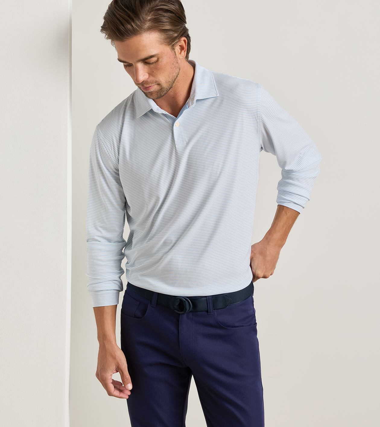 Featherweight Park Stripe Long-Sleeve Performance Polo in White - Alternate Image 1