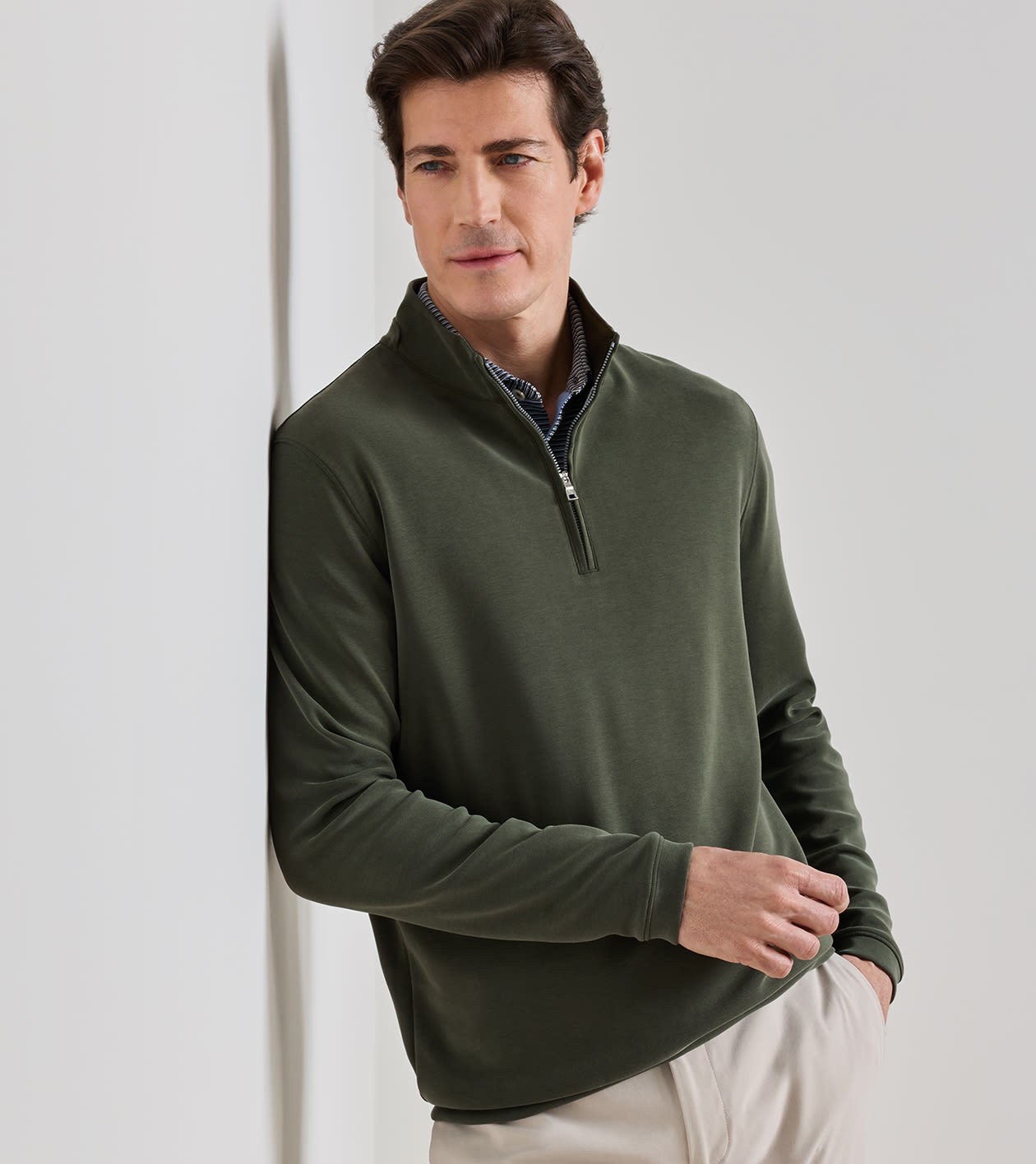 Soft Suede Performance Quarter-Zip in Dark Olive - Alternate Image 1