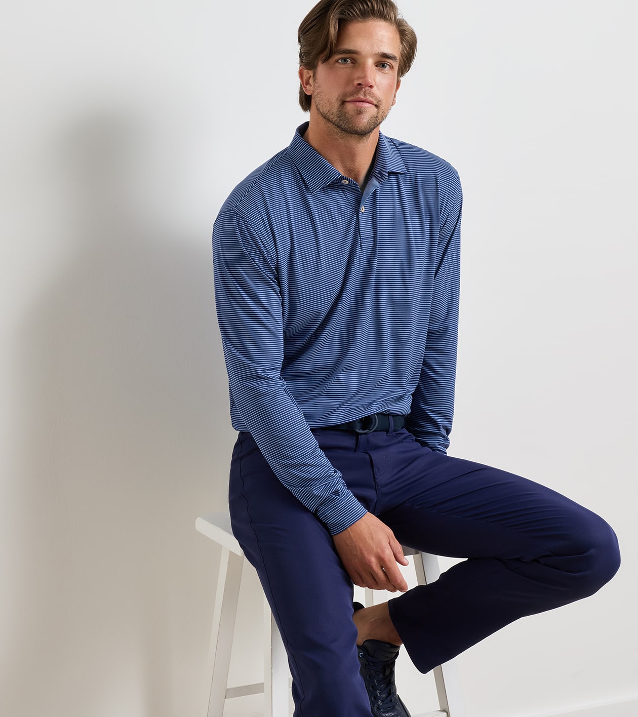 Featherweight Park Stripe Long-Sleeve Performance Polo in Sport Navy - Alternate Image 1