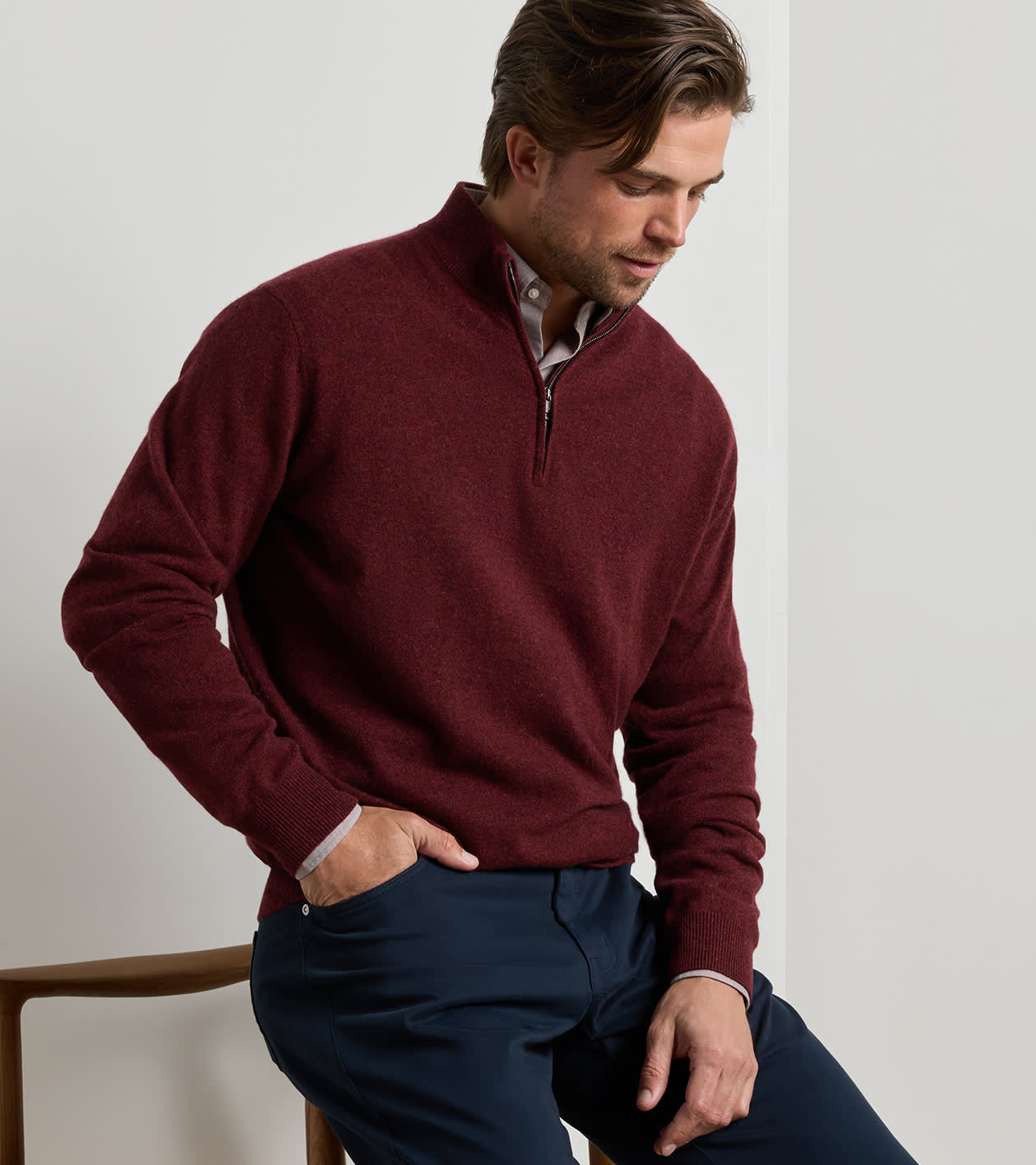25th Anniversary Cashmere Quarter-Zip Jumper in Bordeaux - Alternate Image 1