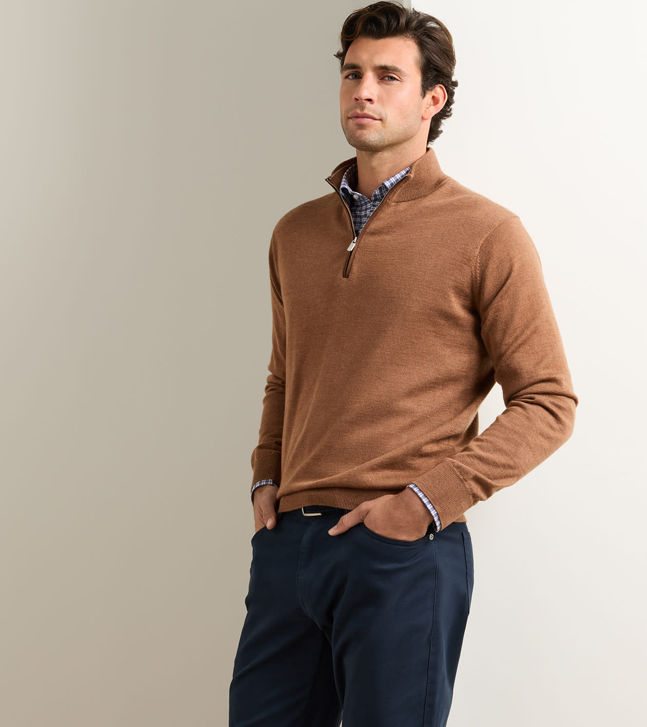 Autumn Crest Suede Trim Quarter-Zip in Dark Amber - Alternate Image 1