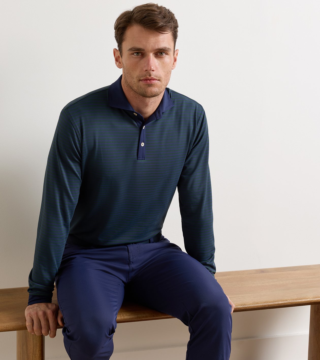 Lyons Stripe Performance Jersey Long-Sleeve Polo in Navy - Alternate Image 1