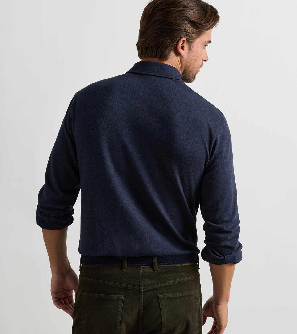 Herringbone Long-Sleeve Polo in Navy - Alternate Image 2