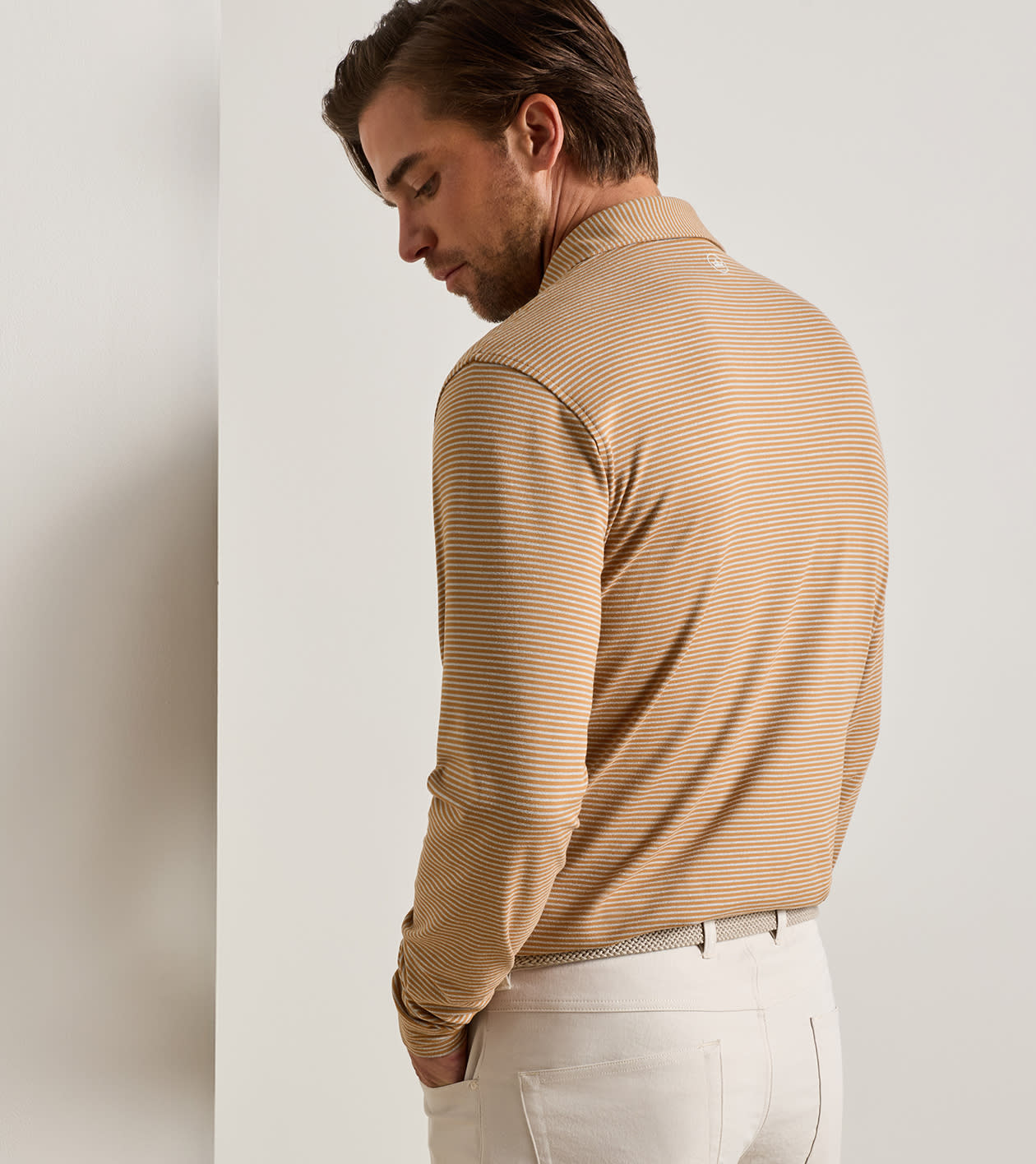 Lyons Stripe Performance Jersey Long-Sleeve Polo in Dark Amber - Alternate Image 2