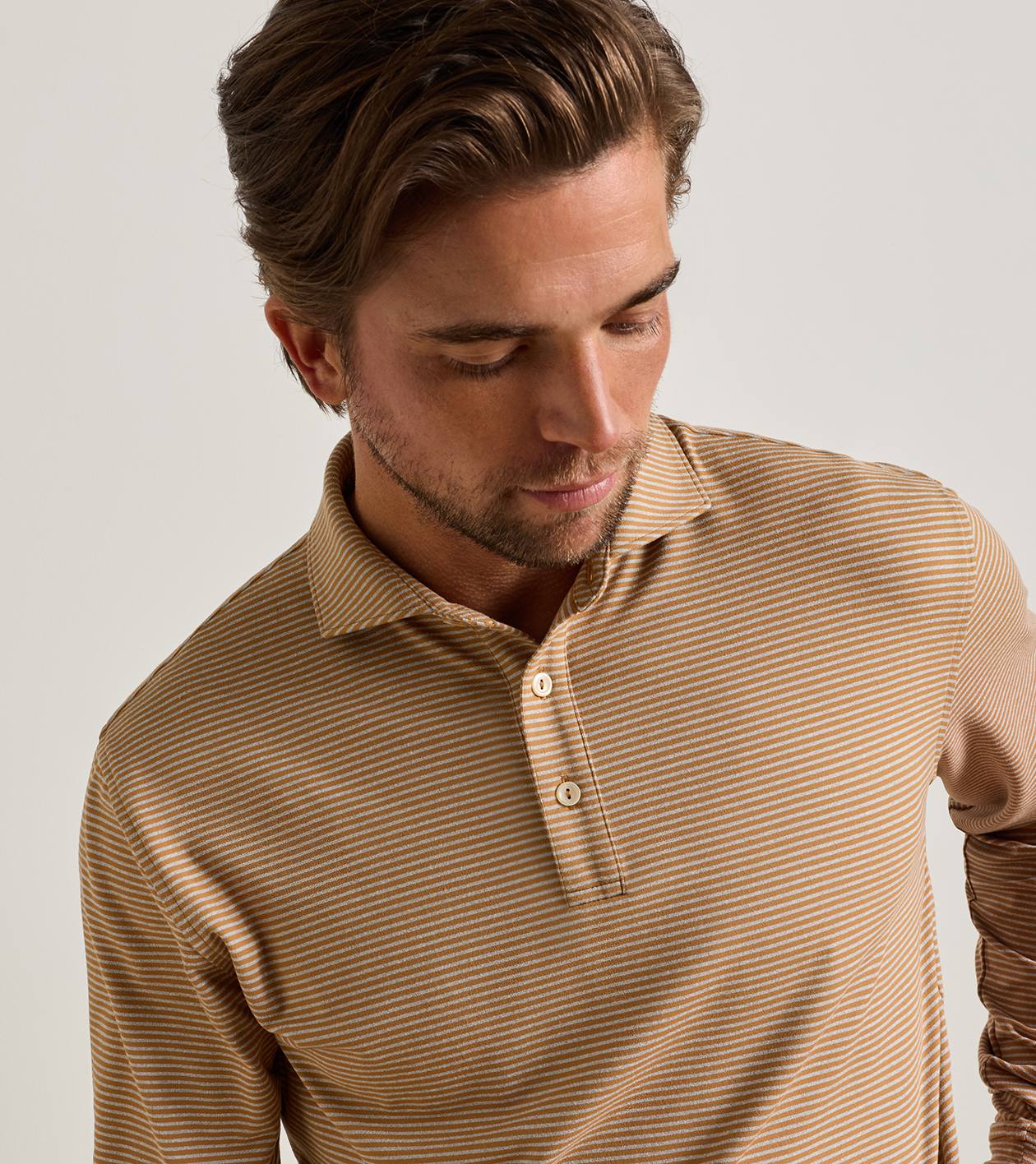 Lyons Stripe Performance Jersey Long-Sleeve Polo in Dark Amber - Alternate Image 4