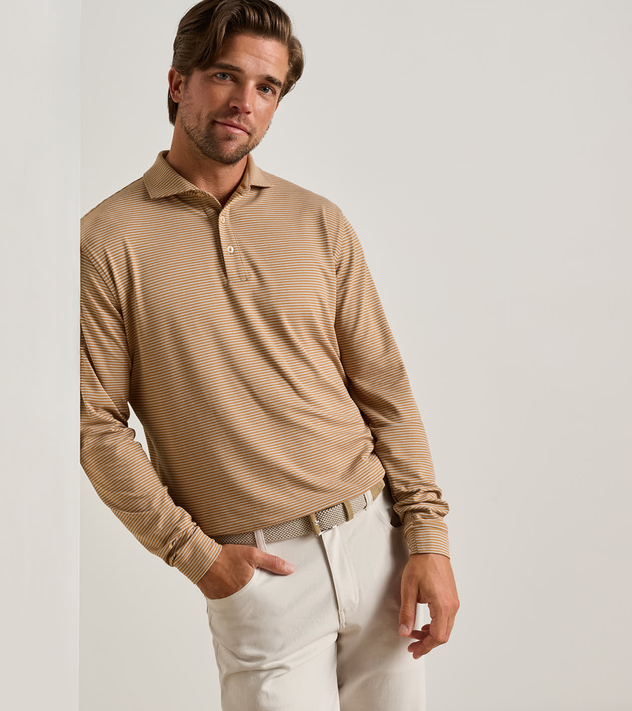 Lyons Stripe Performance Jersey Long-Sleeve Polo in Dark Amber - Alternate Image 1
