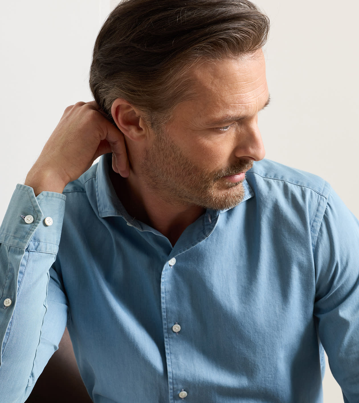 Elio Denim Cotton Sport Shirt in Light Indigo - Alternate Image 3
