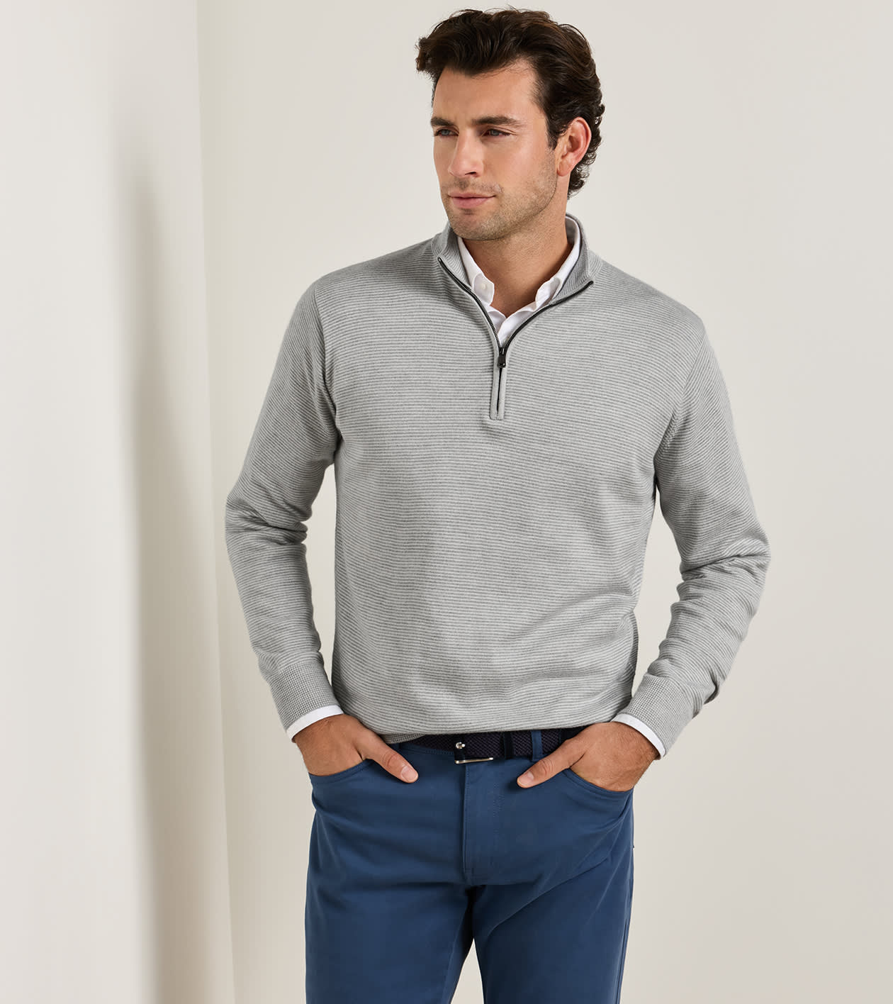 Canton Stripe Quarter Zip Jumper in Battleship Grey - Alternate Image 1