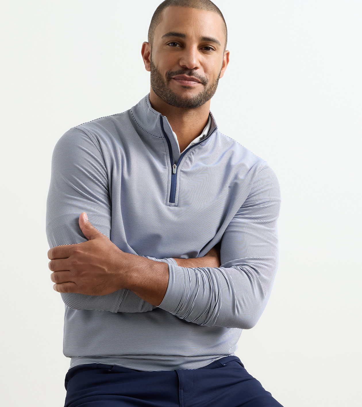 Perth Sugar Stripe Performance Quarter-Zip in Navy/White - Alternate Image 1