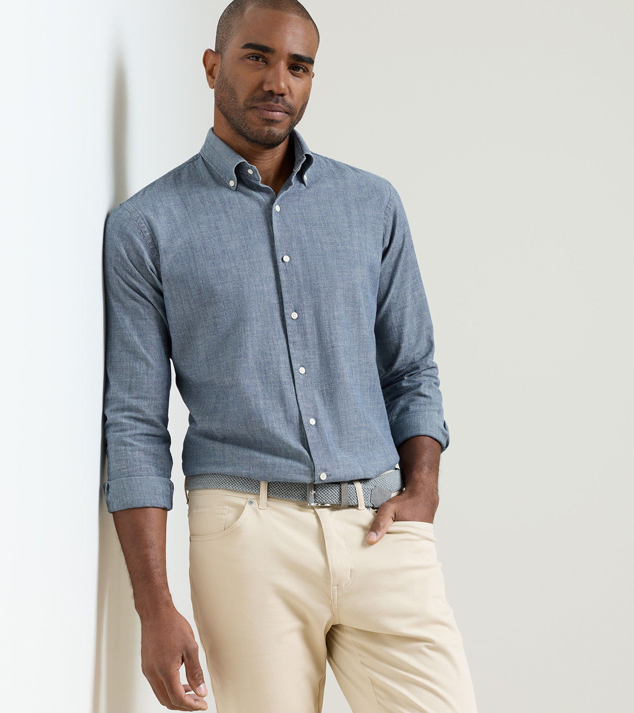 Devonport Chambray Cotton-Stretch Sport Shirt in Indigo - Alternate Image 1