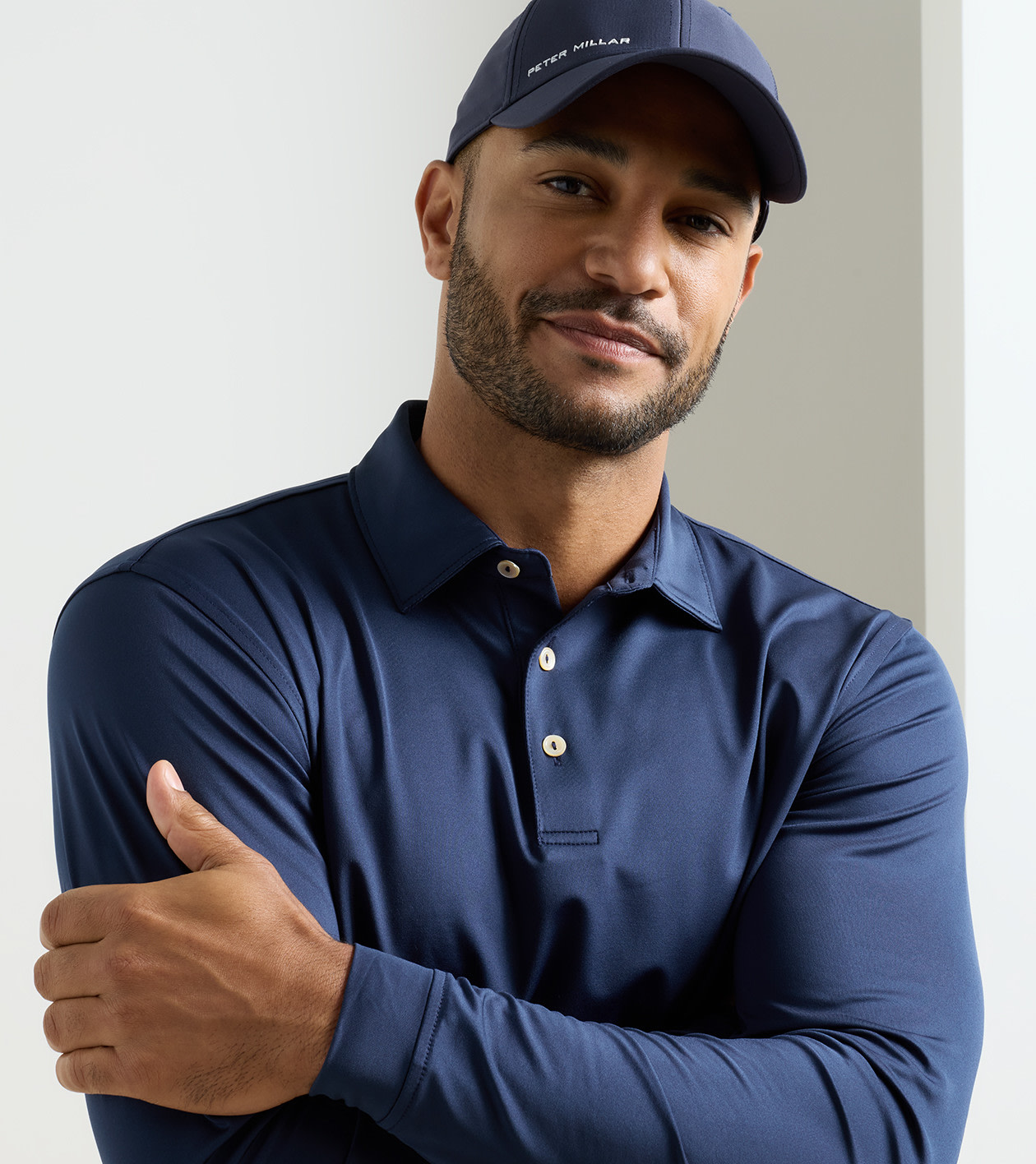 Solid Stretch Jersey Long Sleeve Polo in Navy - Alternate Image 4