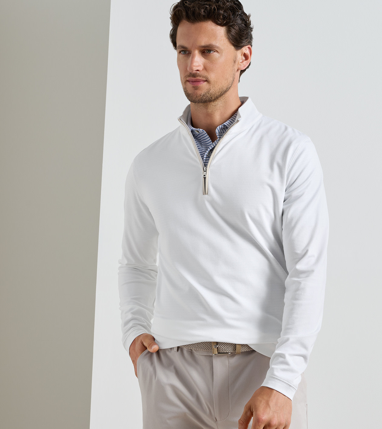 Albatross Cotton-Blend Piqu&eacute; Quarter-Zip in White - Alternate Image 1