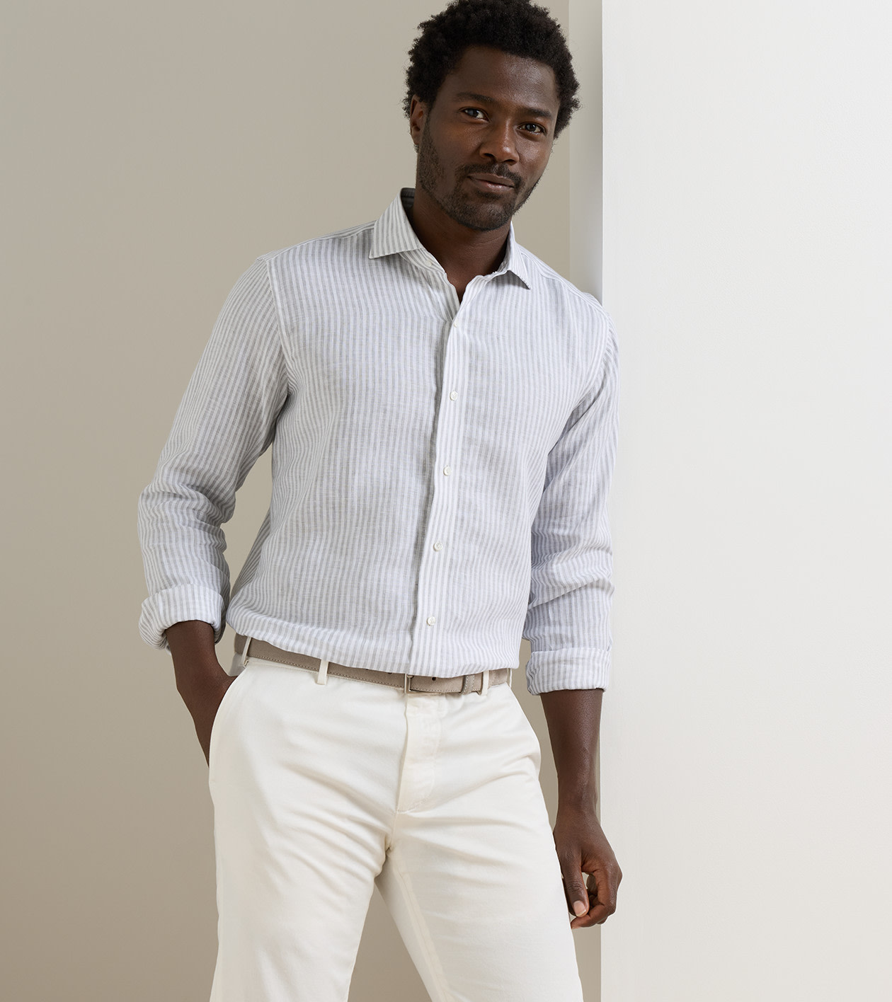 Astino Lino Stripe Sport Shirt in British Grey - Alternate Image 1