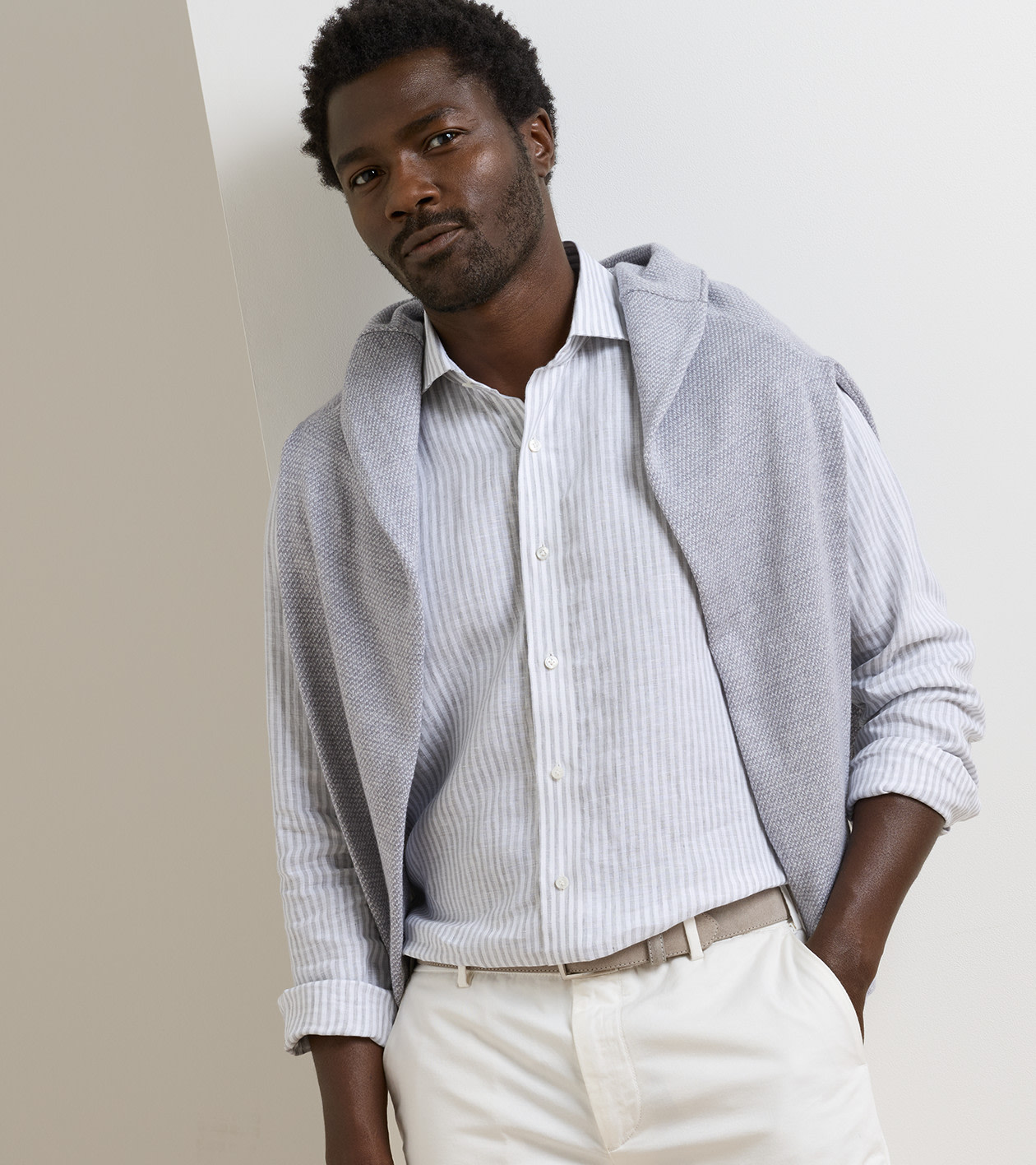 Astino Lino Stripe Sport Shirt in British Grey - Alternate Image 3