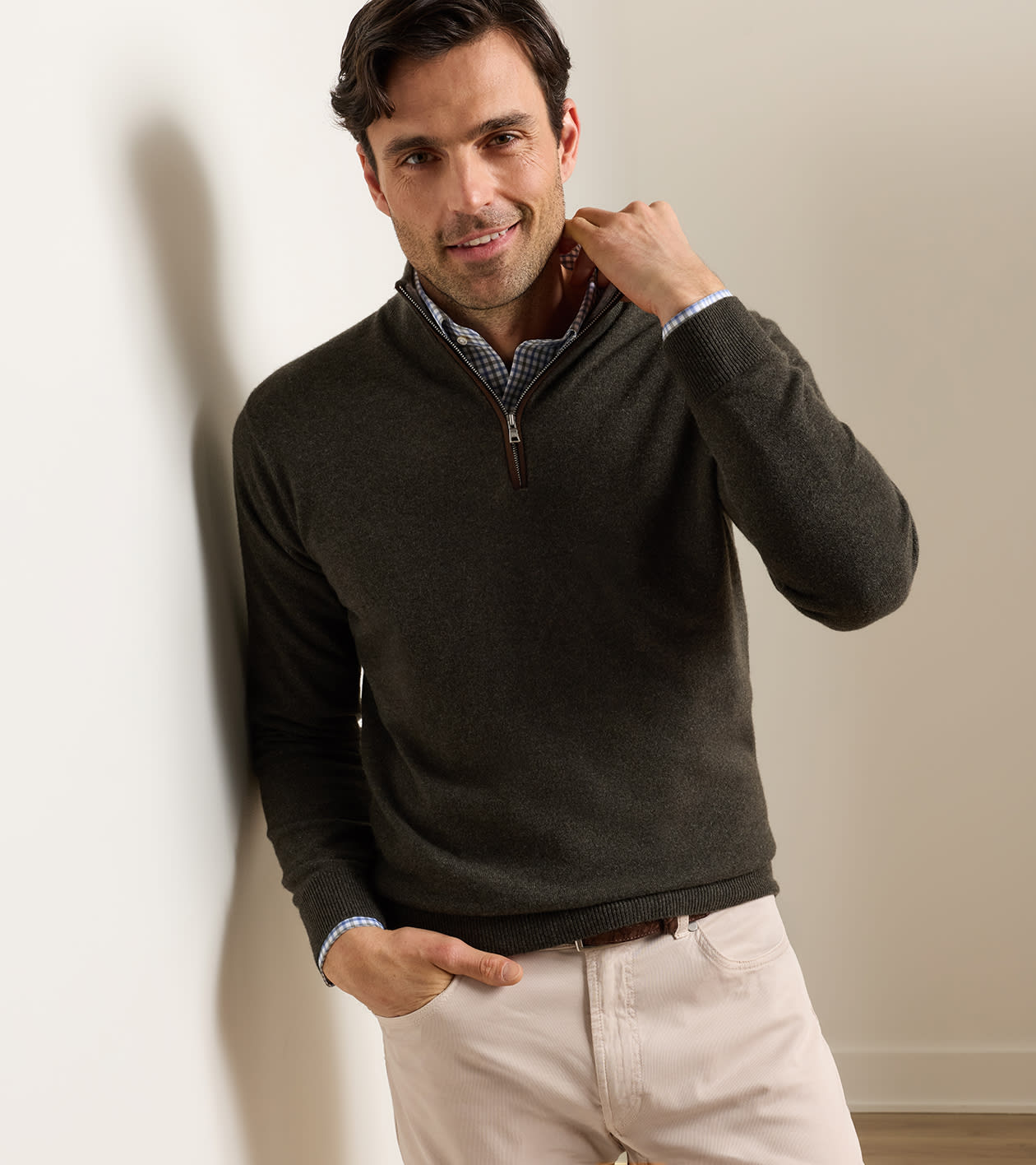 Artisan Crafted Cashmere Flex Quarter-Zip in Dark Olive - Alternate Image 1