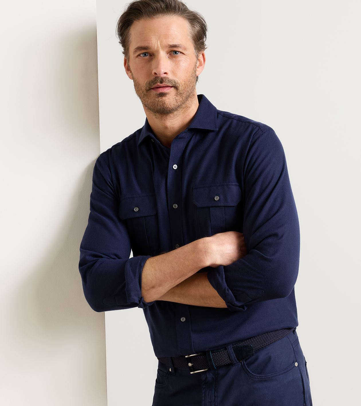 Bolzano Italian Flannel Sport Shirt in Navy - Alternate Image 1