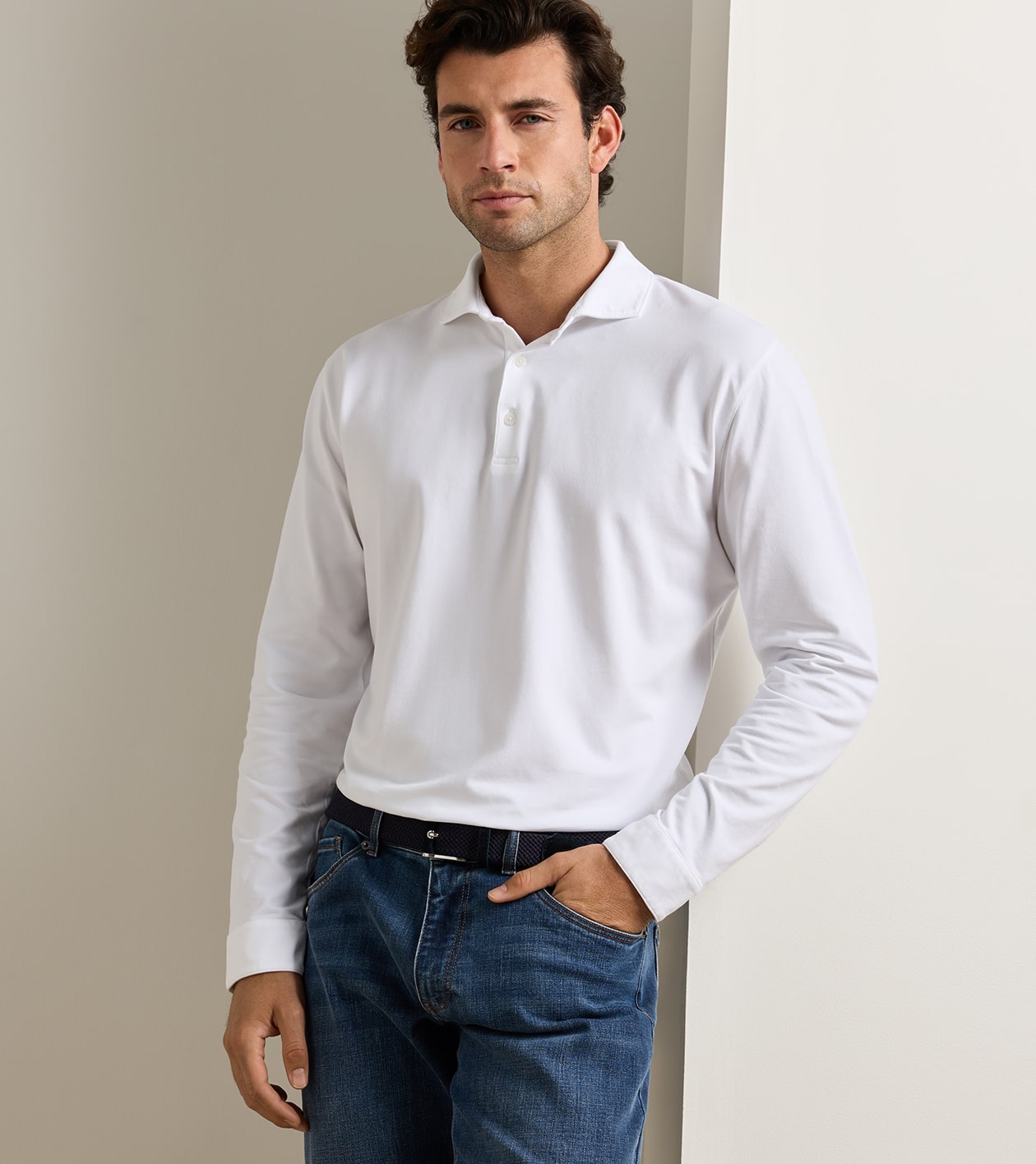 Crown Flex Cotton Long-Sleeve Polo in White - Alternate Image 1