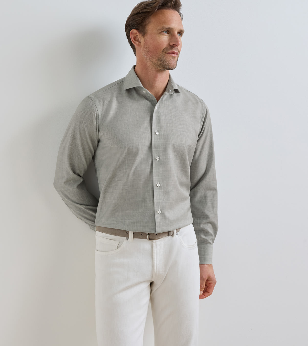 Micro Poplin Houndstooth Sport Shirt in SILVER STRAND - Alternate Image 1