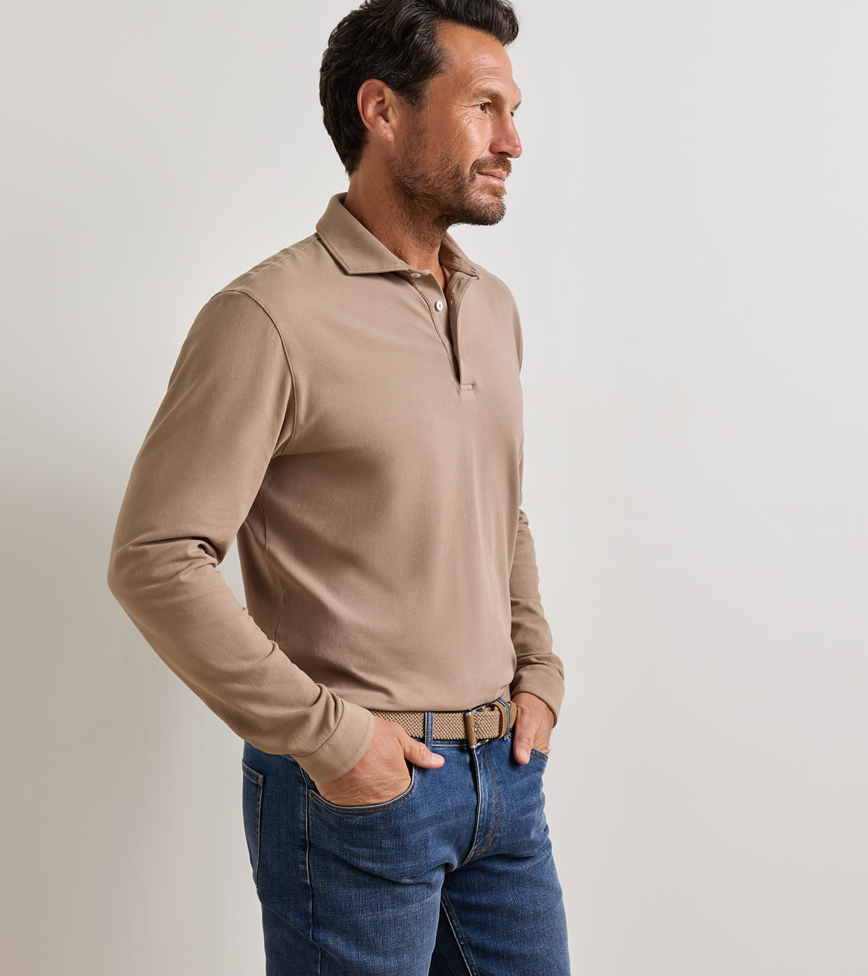 Crown Flex Cotton Long-Sleeve Polo in SAWGRASS - Alternate Image 1